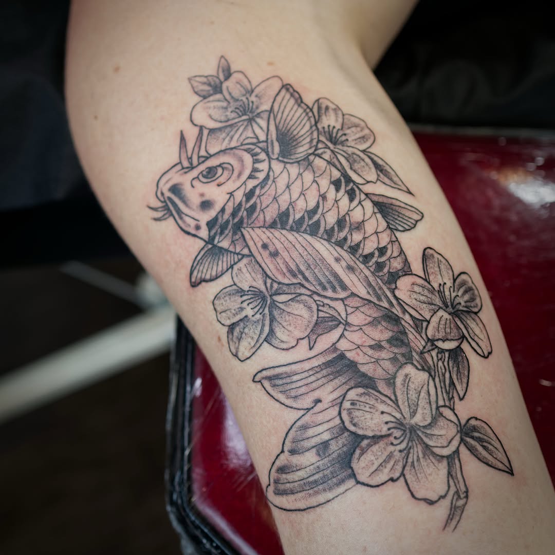 Tattoo by @chriscockadoodledo — japanese_irezumi, black_and_grey