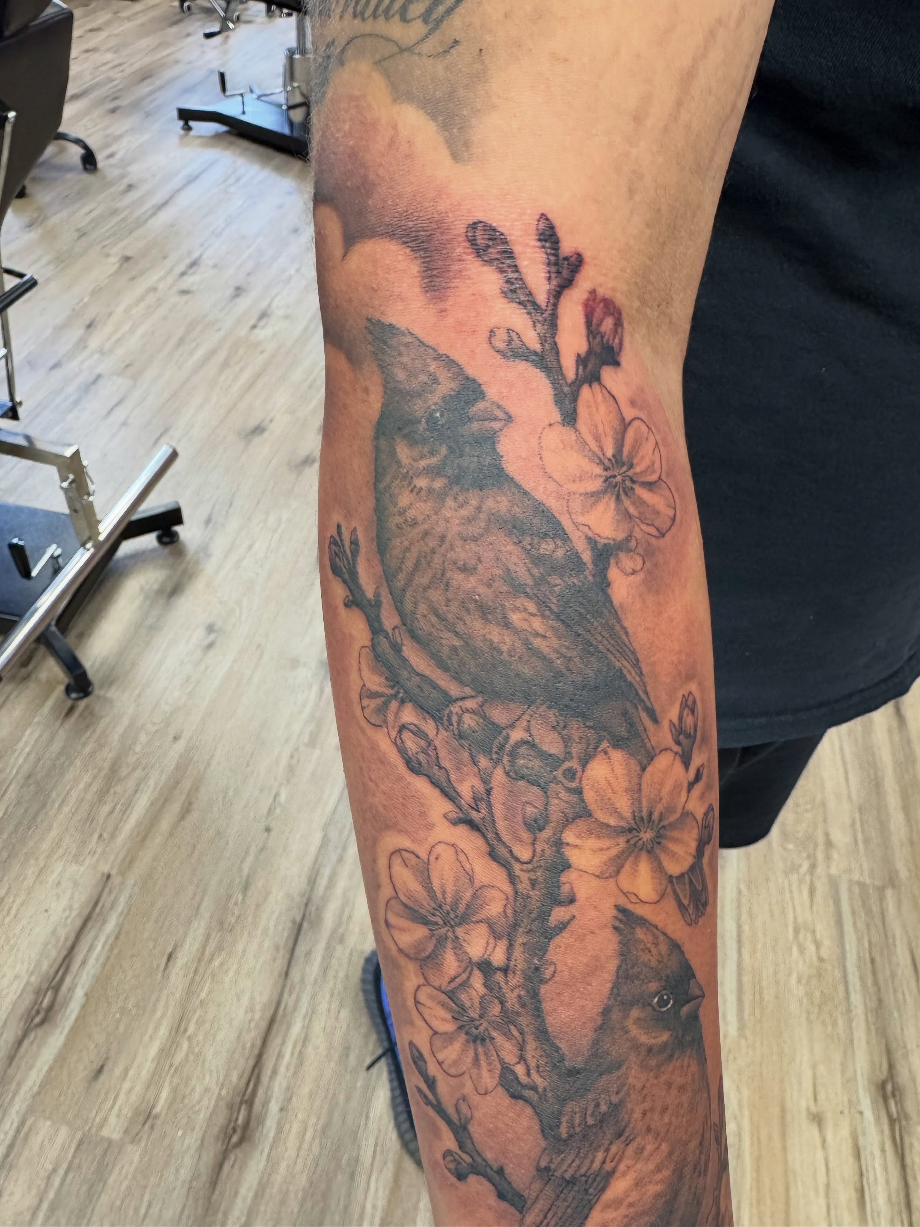 Cardinal birds and blossoms realism tattoo on the forearm by Robbie Bryant