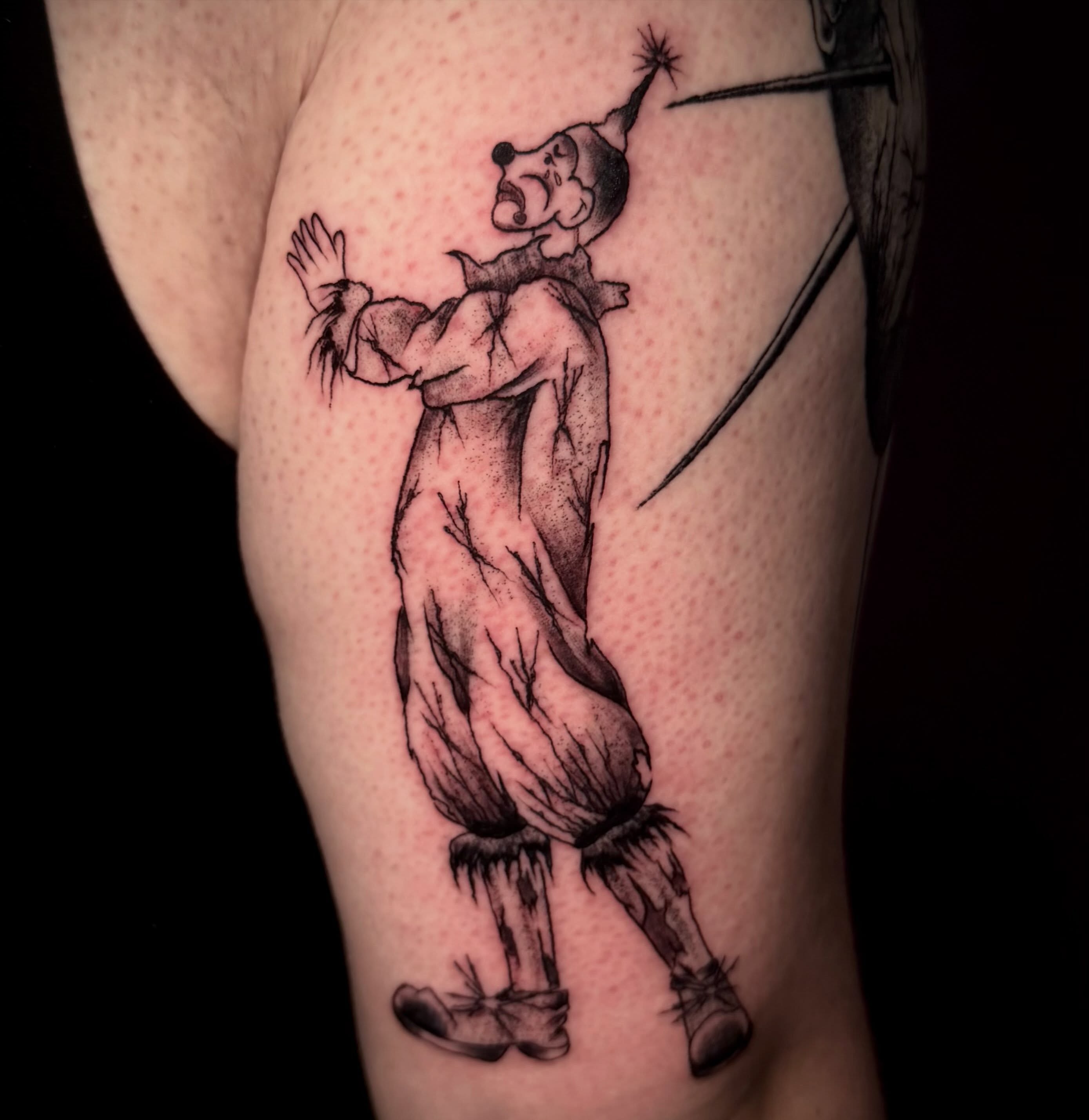 Clown dotwork tattoo on the forearm by Lydia
