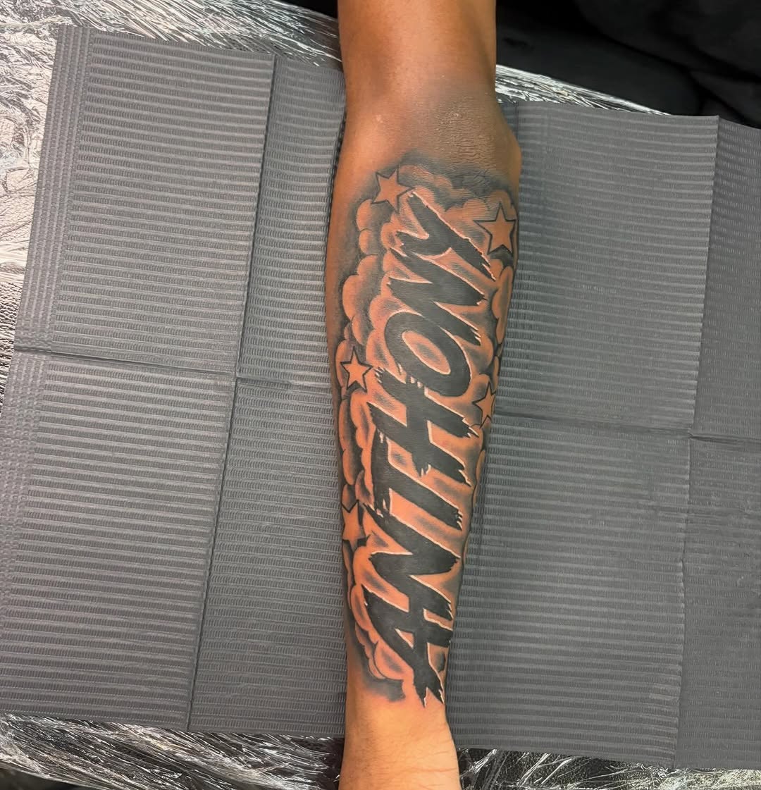Tattoo by @sheinkd_itt โ lettering_script, black_and_grey