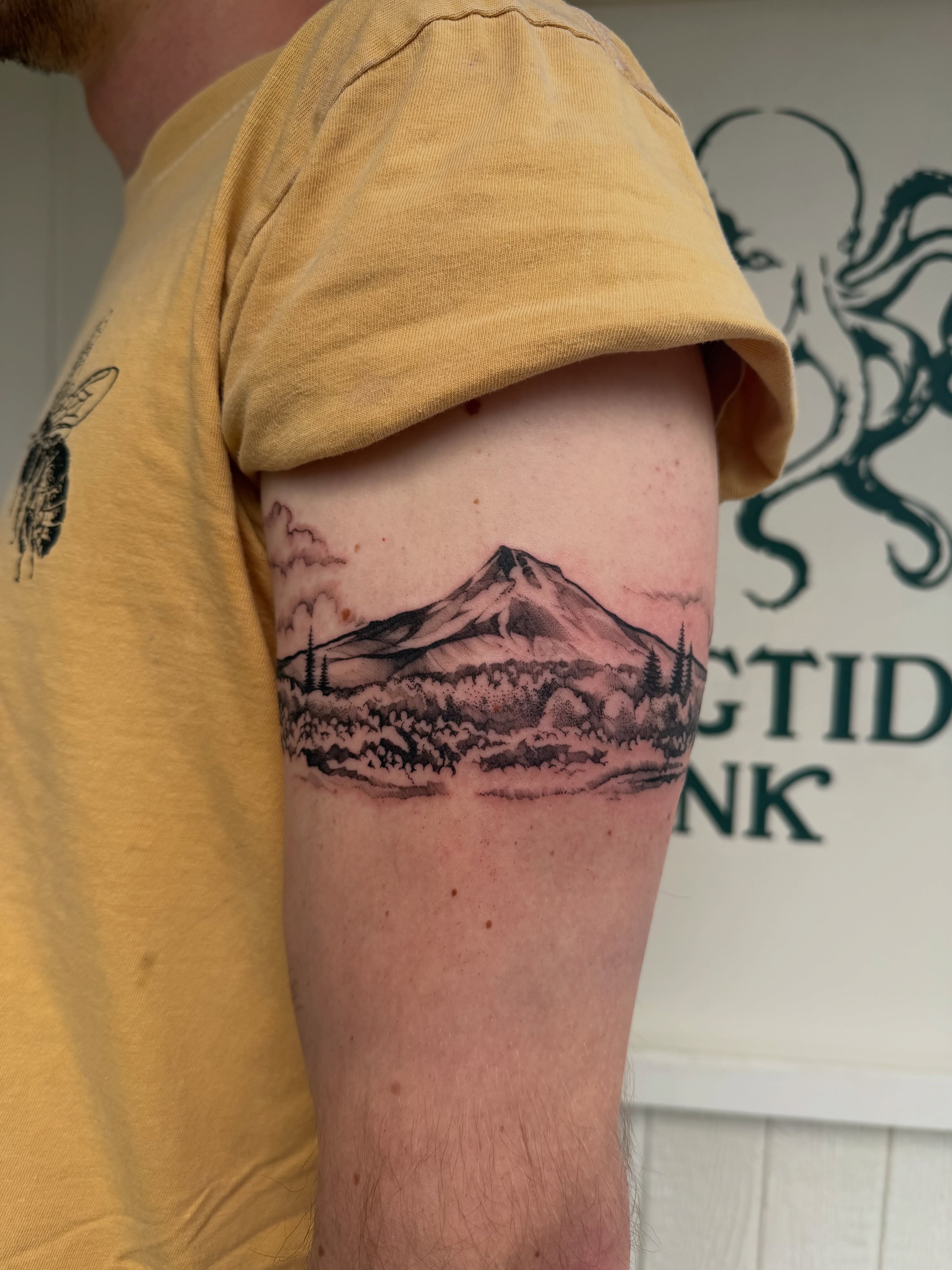 Mountain landscape realism tattoo on the forearm by Kingtide Ink