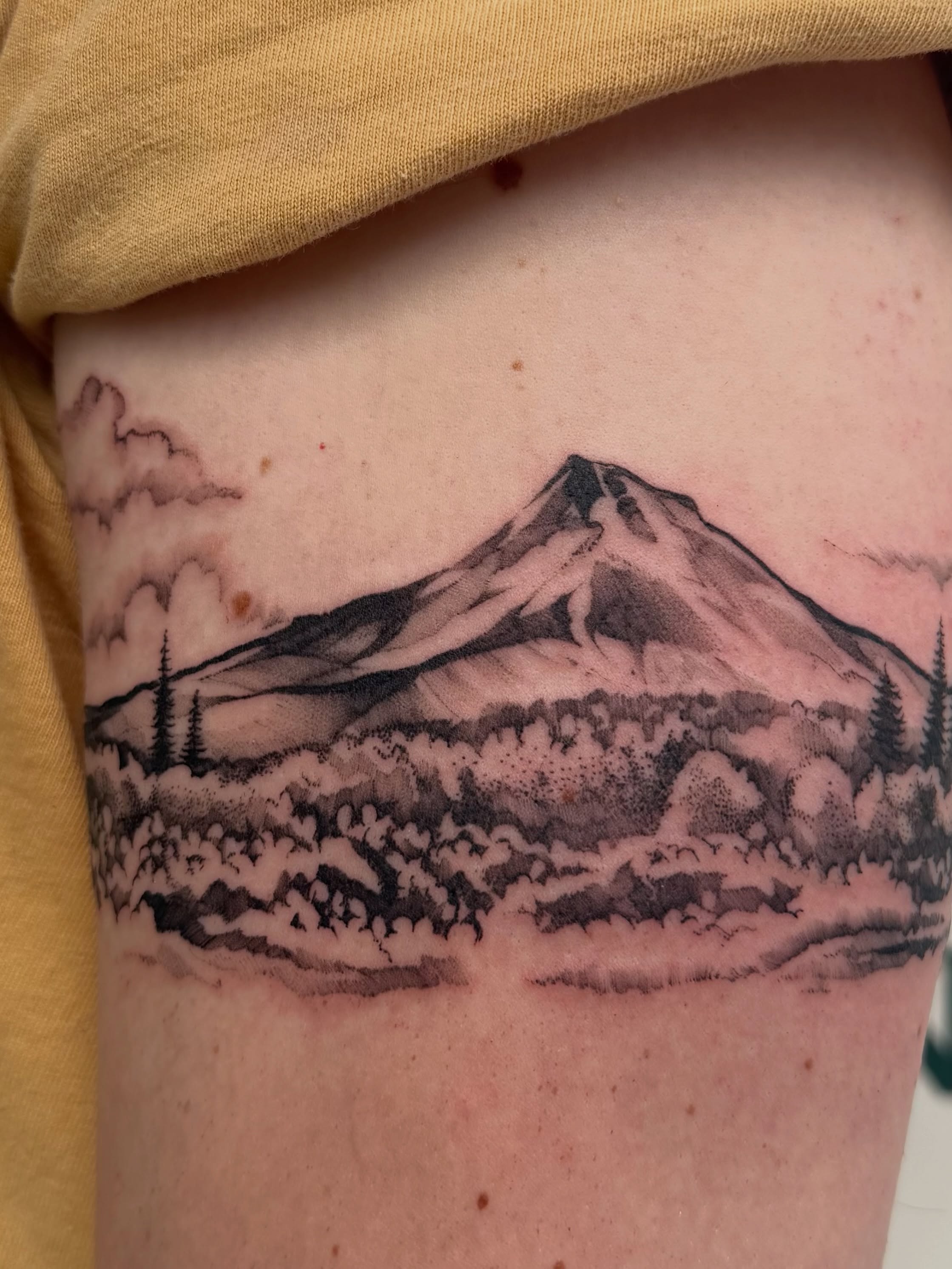 Mountain landscape realism tattoo on the ribs by Kingtide Ink