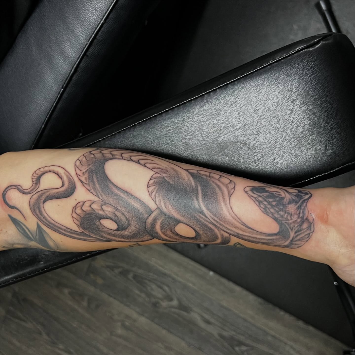 Octopus black and grey tattoo on the forearm by Dark Luna Tattoos LLC