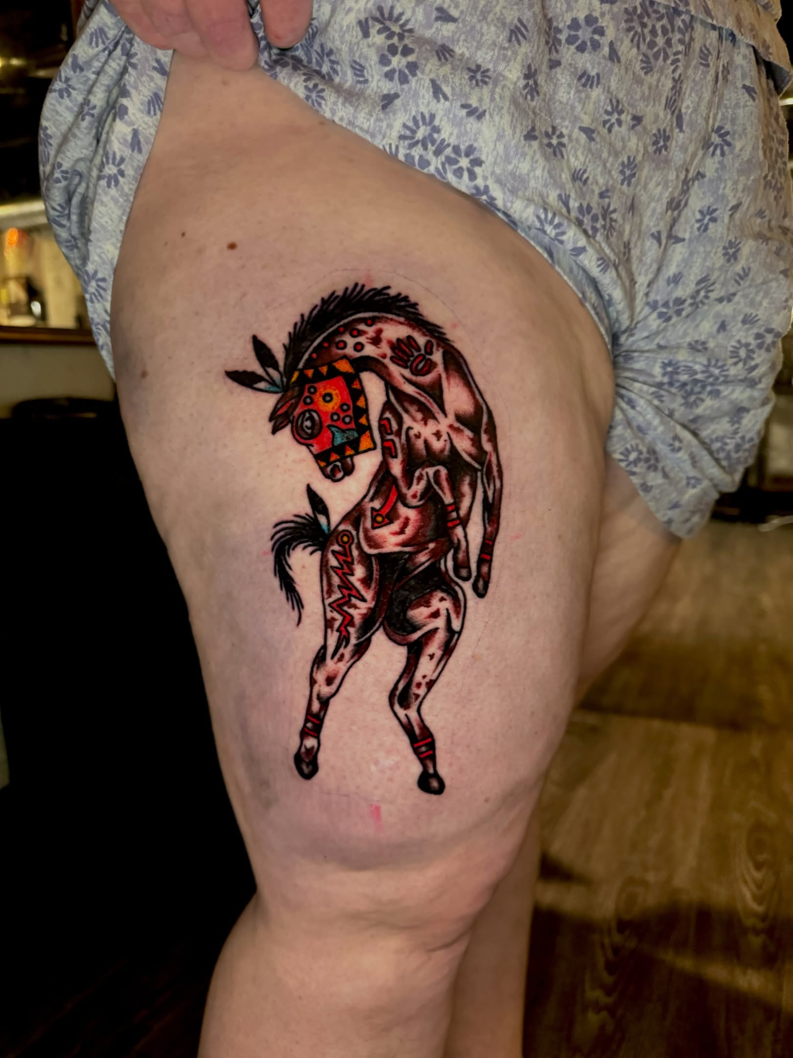 Horse American traditional tattoo on the thigh by Minneapolis
