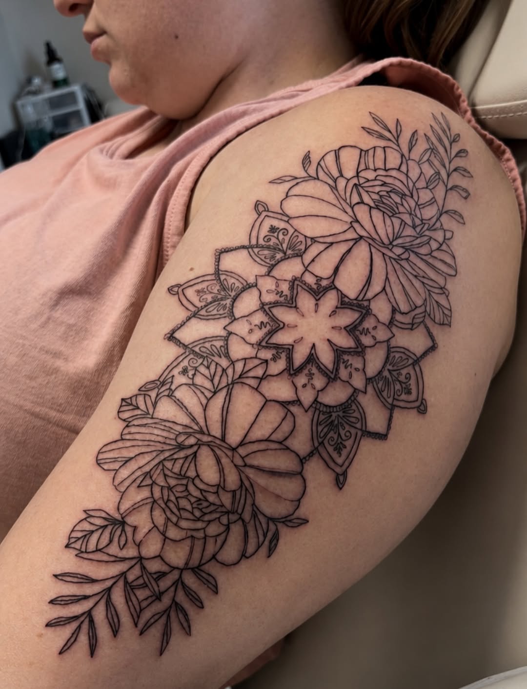 Floral mandala ornamental tattoo on the shoulder by Cece, Las Vegas, Nevada