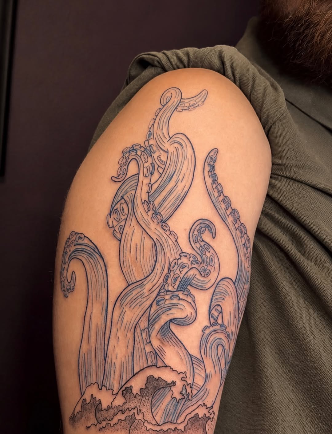 Octopus tentacles and waves cyber sigilism tattoo on the shoulder by Cece, Las Vegas, Nevada