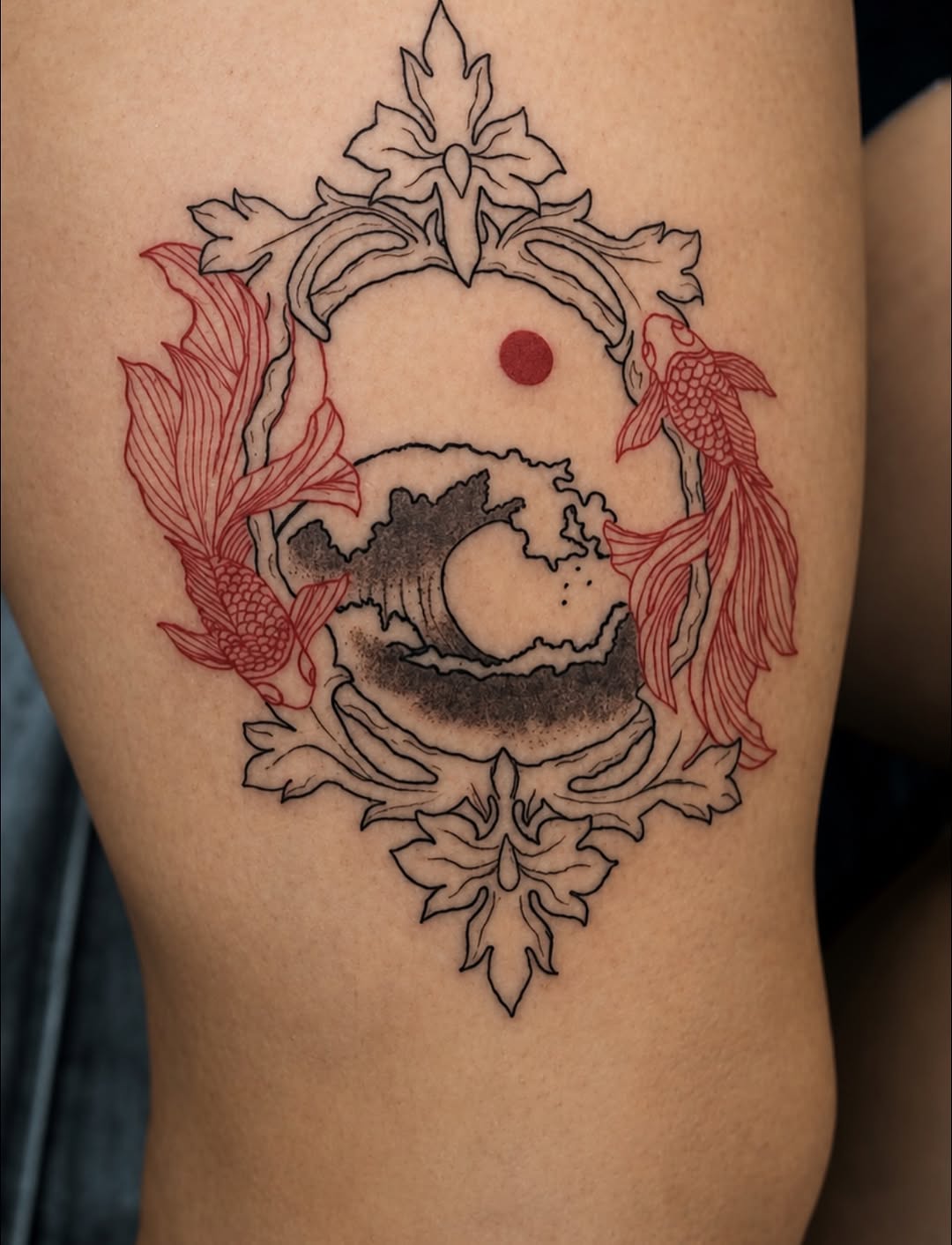 Fine line tattoo on the thigh by Cece, Las Vegas, Nevada