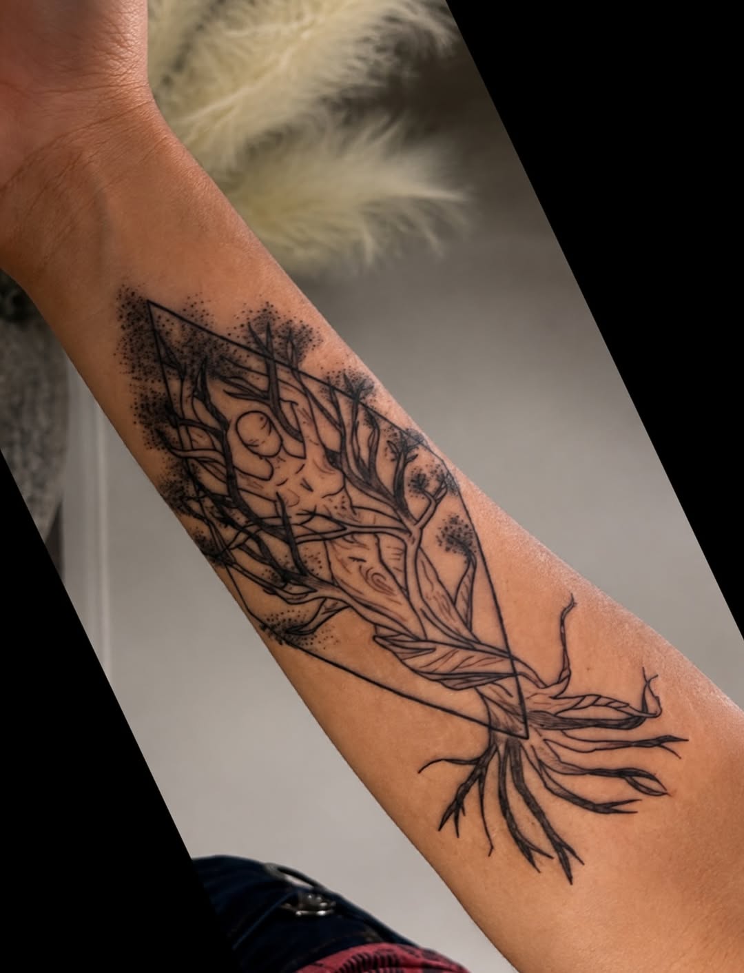 Tree of life with human figure sketch tattoo on the forearm by Cece, Las Vegas, Nevada