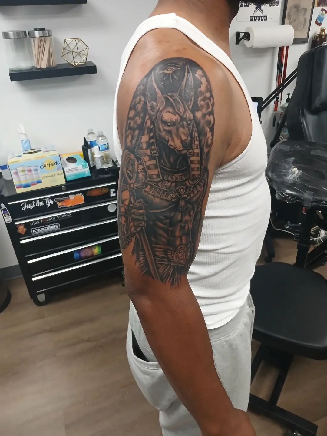 Pharaoh realism tattoo on the upper arm by Tattoos by Fesik LLC