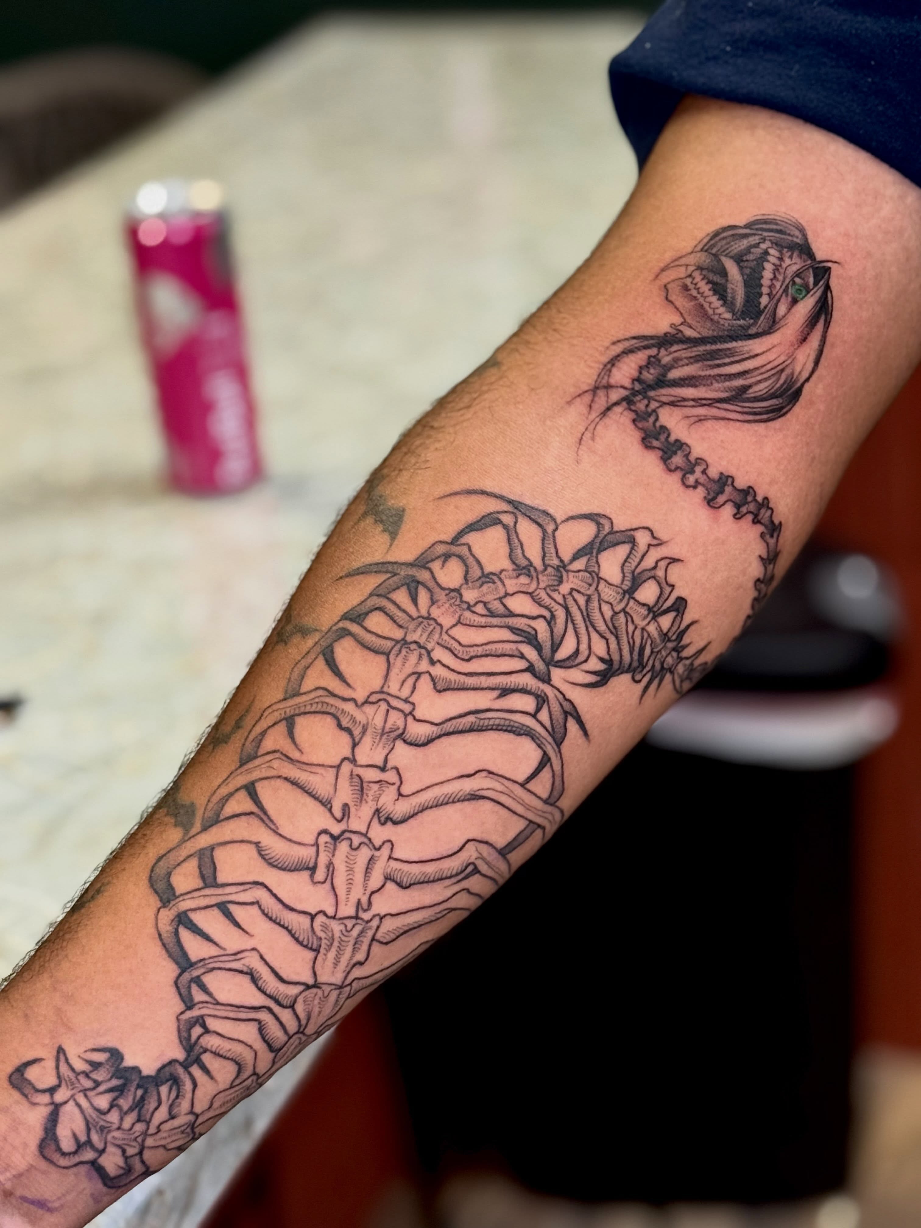 Spine skeleton black and grey tattoo on the forearm by 🗡️Abi🗡️