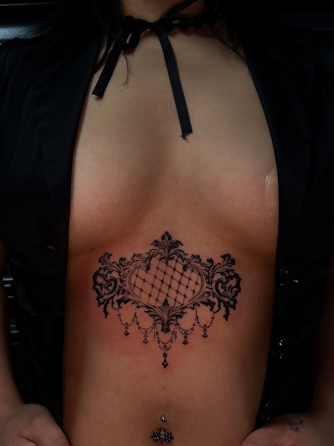 Ornate heart frame with hanging jewels cyber sigilism tattoo on the ribs by ༺♡༻ Melia’s Dolls ༺♡༻