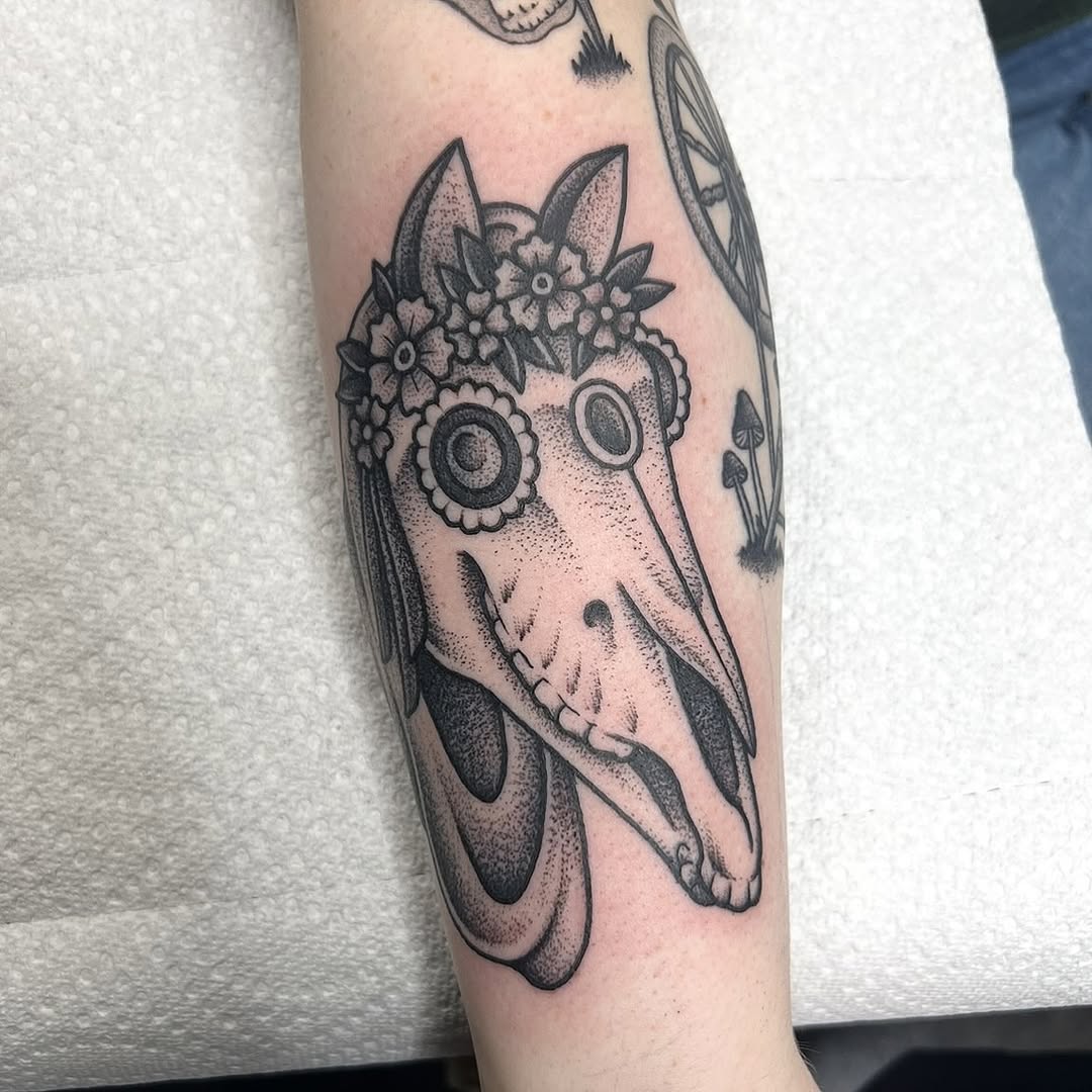 Tattoo by @taylorthetattooer — dotwork, black_and_grey