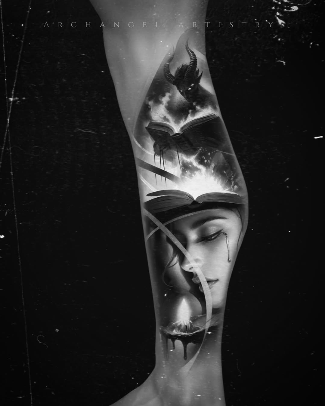 Demon, woman, and books realism tattoo on the forearm by Julian Olson
