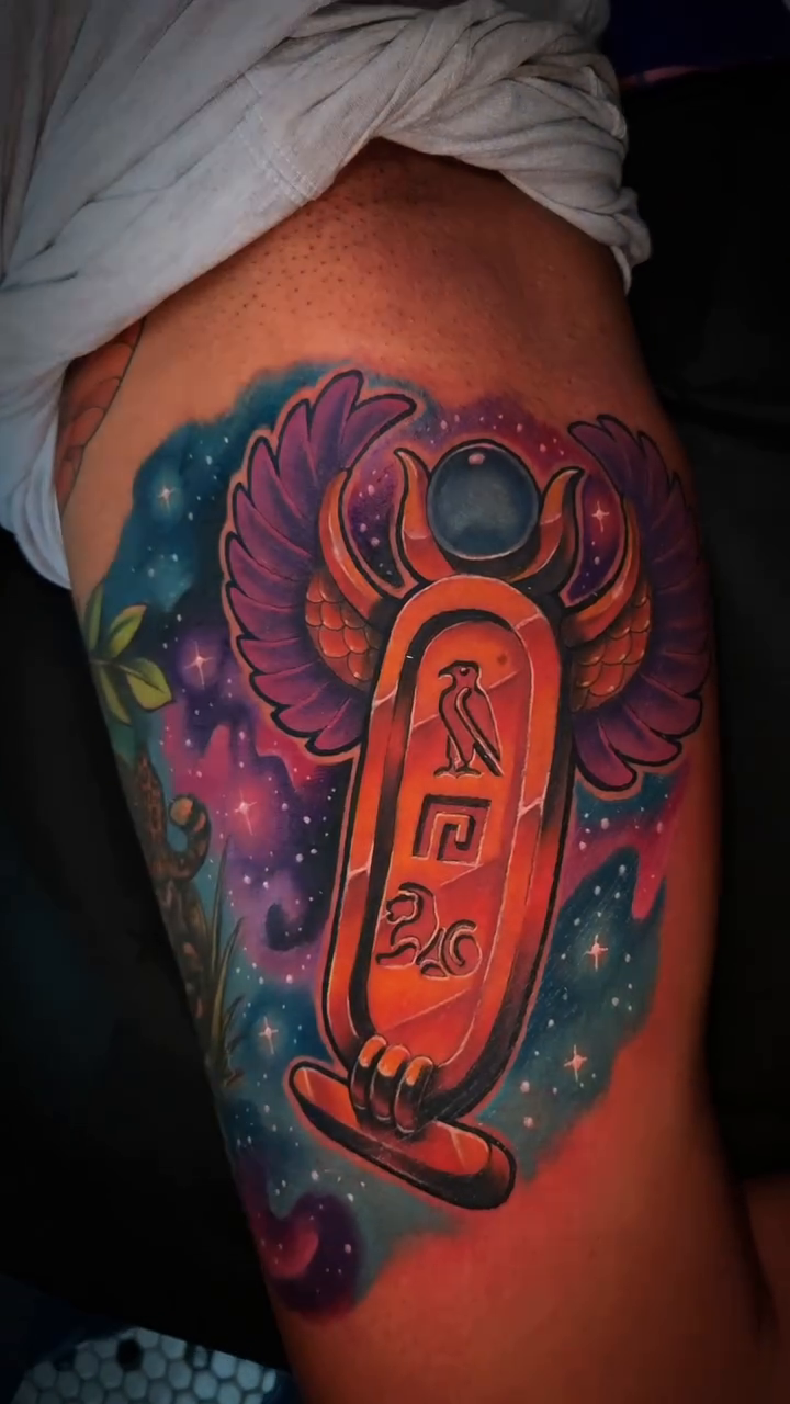 Egyptian scarab beetle with cosmic background neo-traditional tattoo on the thigh by ๐๐๐๐
