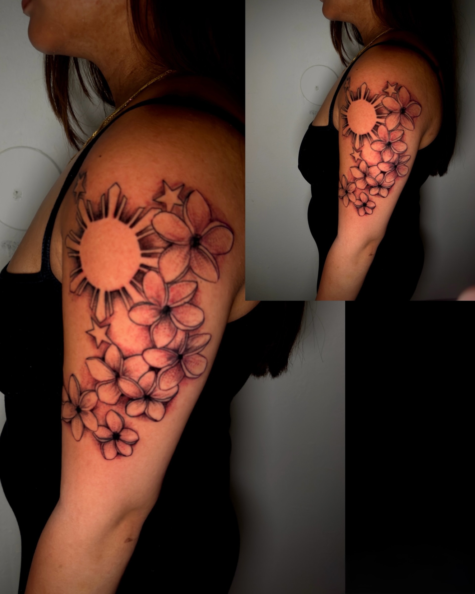 Plumeria flowers and sun black and grey tattoo on the shoulder by Caloy Obra