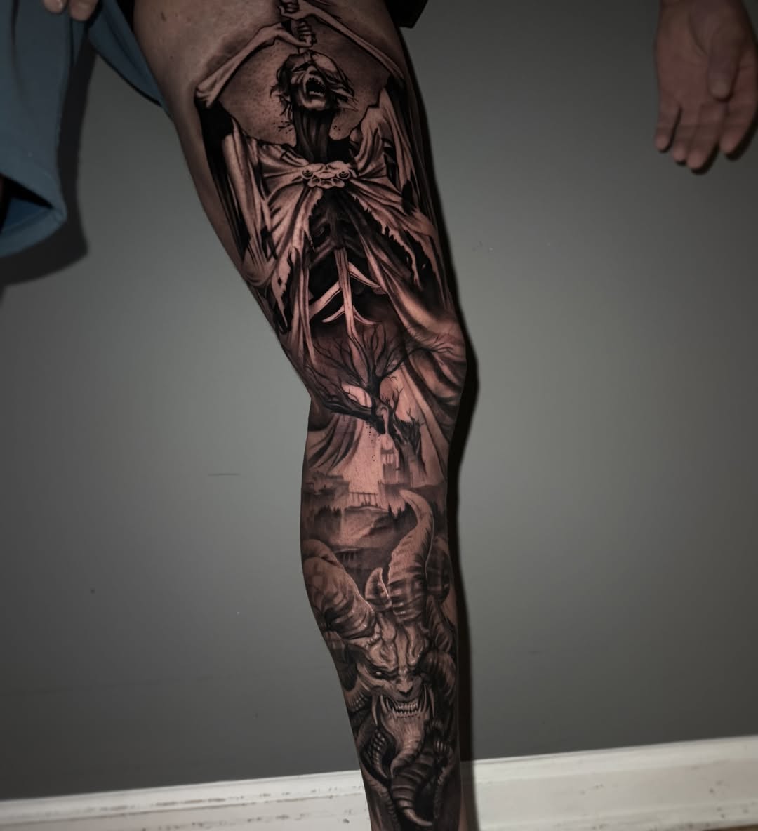 Grim reaper and demon realism tattoo on the leg by Jake Fujimura