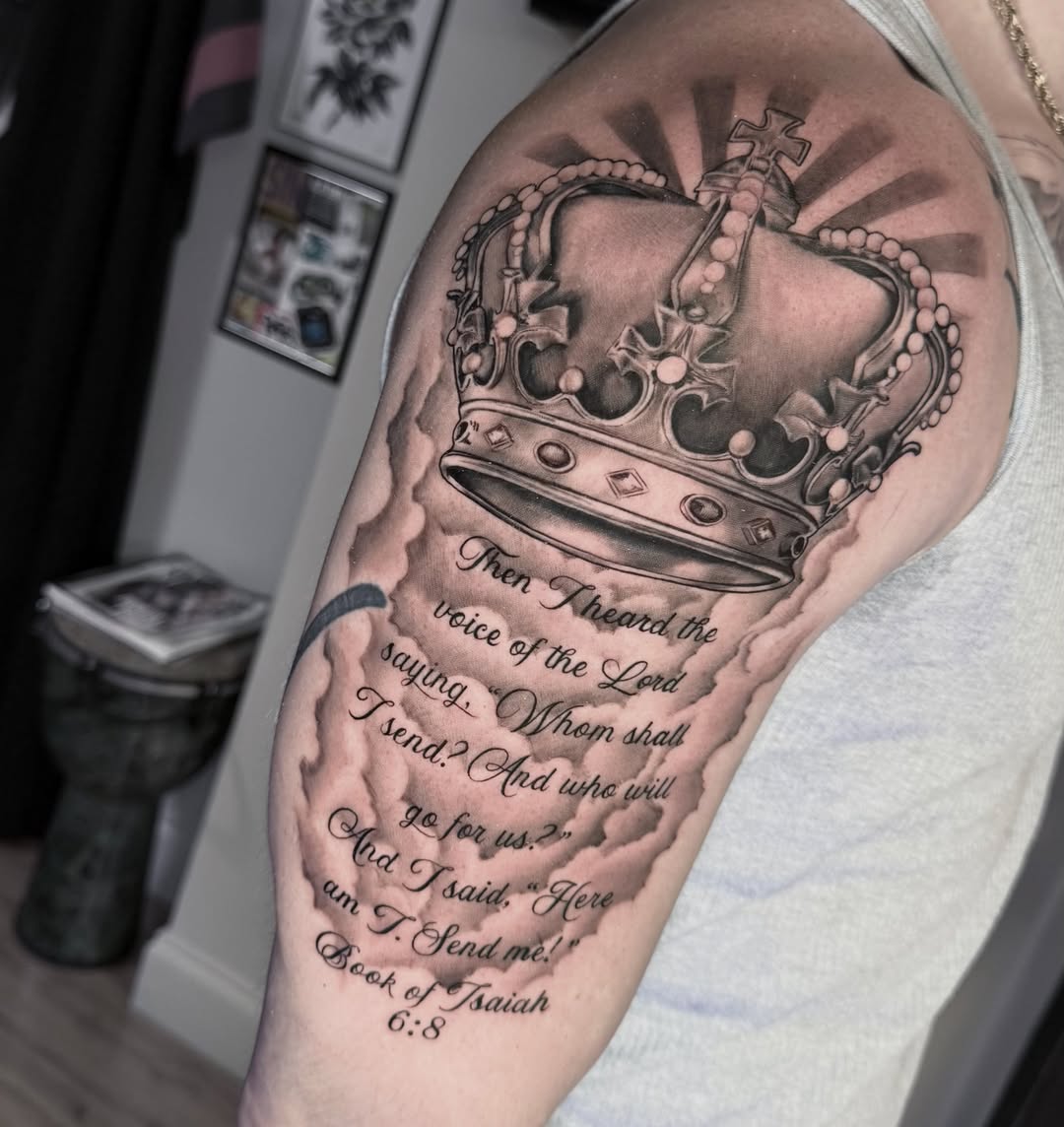 Crown and biblical verse black and grey tattoo on the forearm by Gilberto Flores Nava