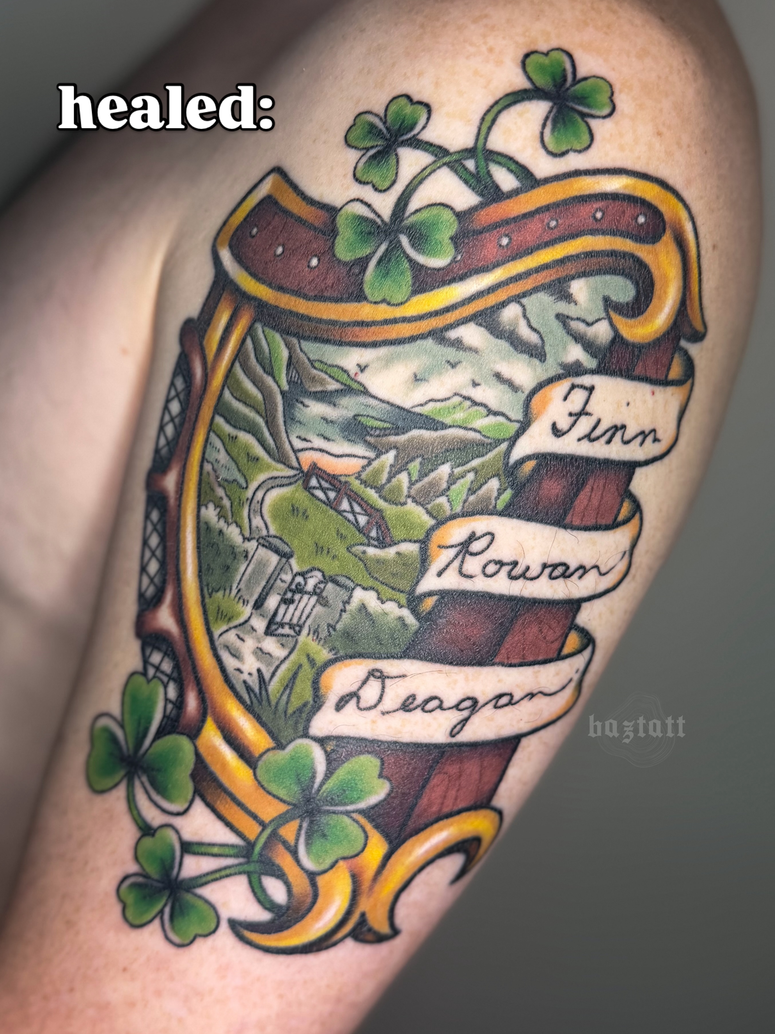 Landscape with shamrocks American traditional tattoo on the shoulder by bri allura ✿ tattoo artist  ✿ cleveland, oh