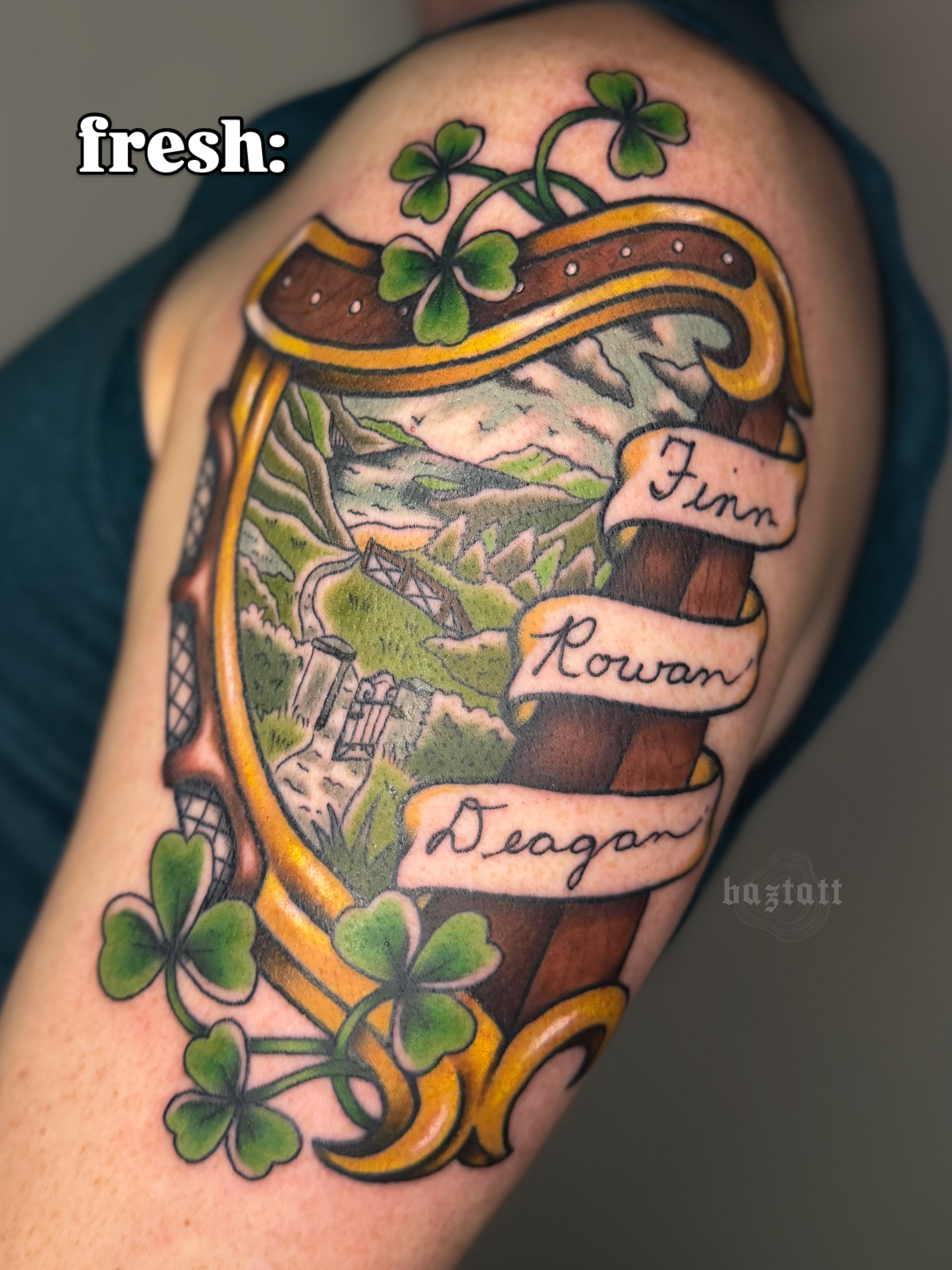 Landscape with shamrocks American traditional tattoo on the shoulder by bri allura ✿ tattoo artist  ✿ cleveland, oh