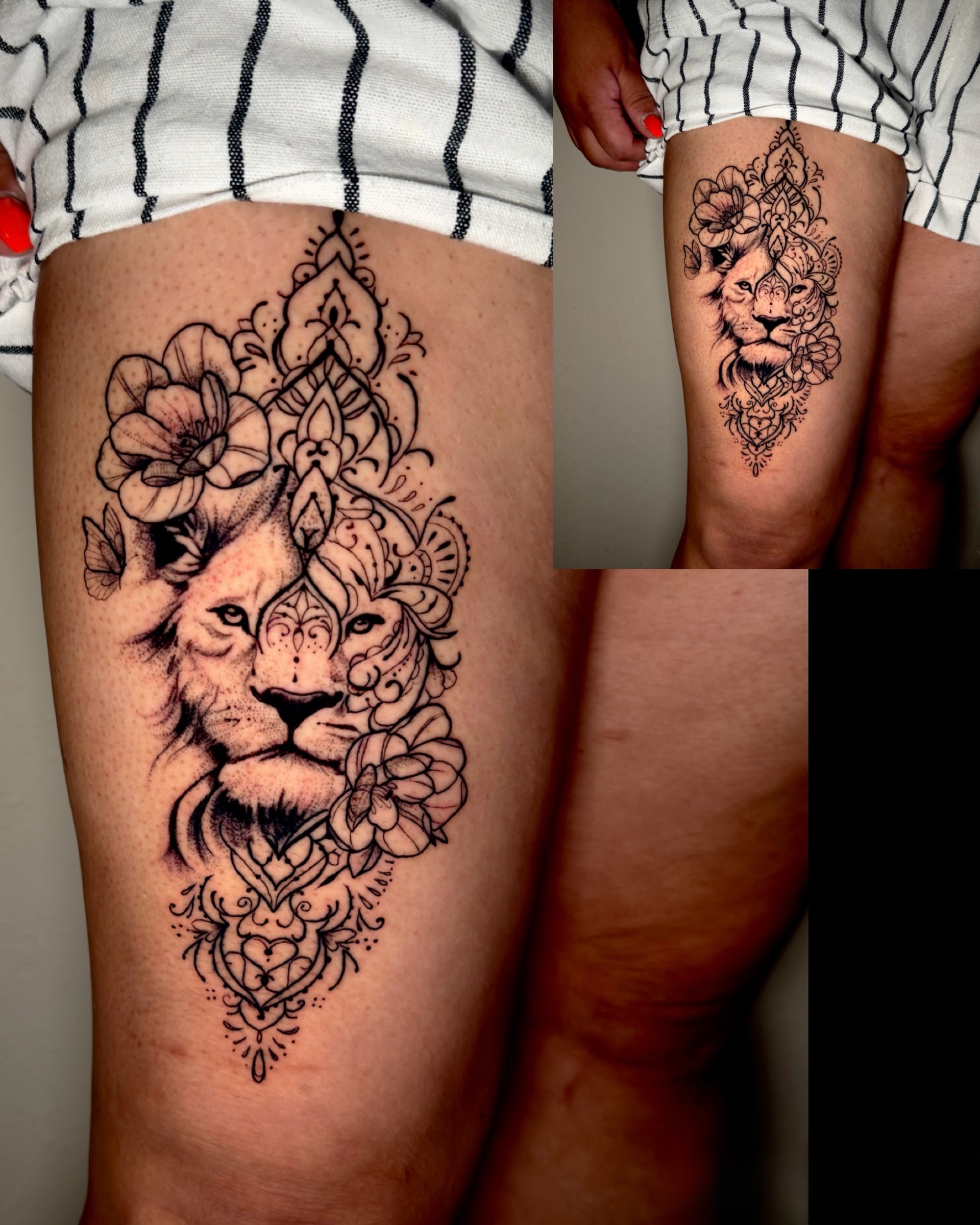 Lion and floral ornamental tattoo on the thigh by Caloy Obra