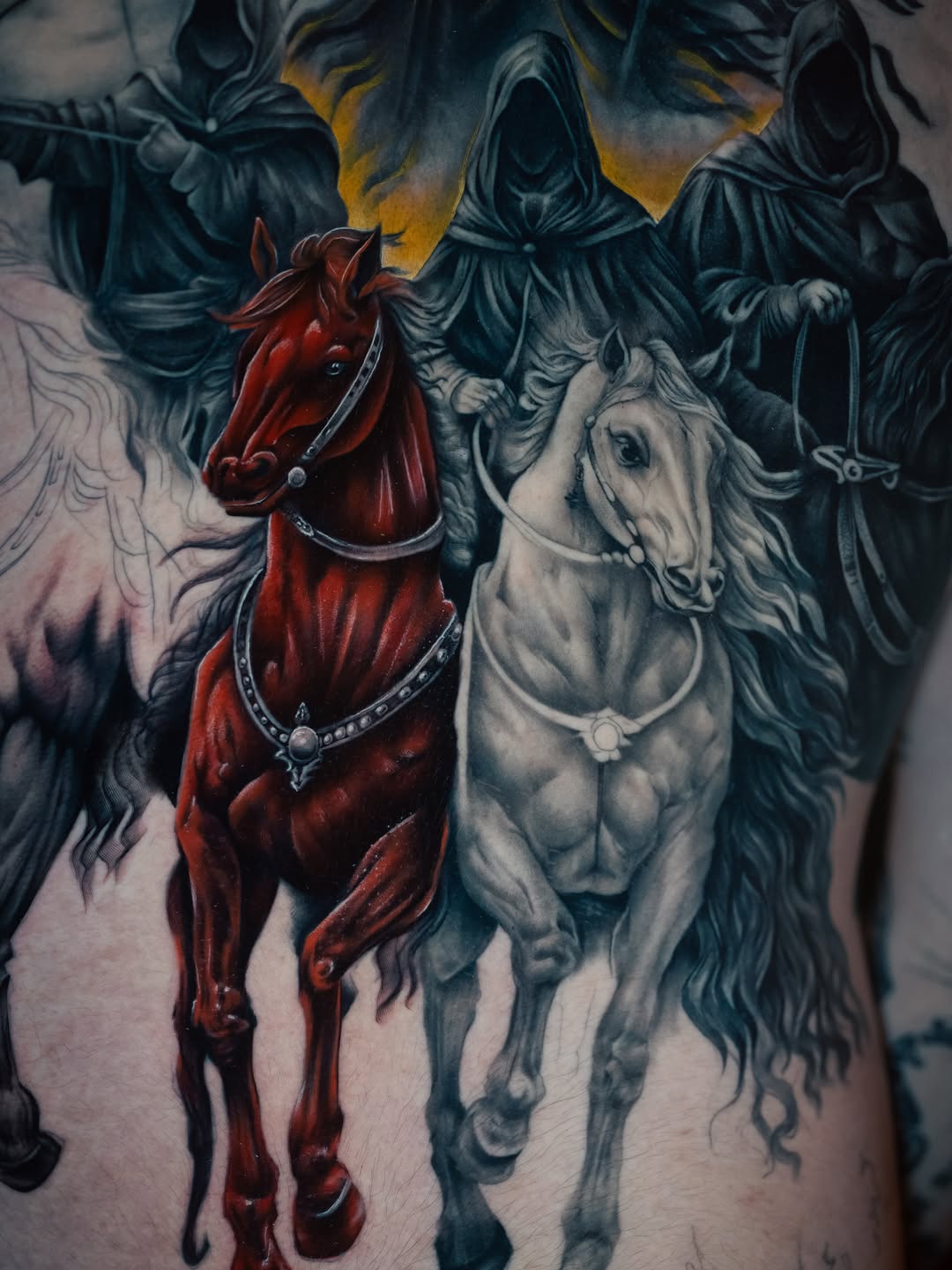 Four Horsemen of the Apocalypse realism tattoo on the thigh by Franz Muñoz