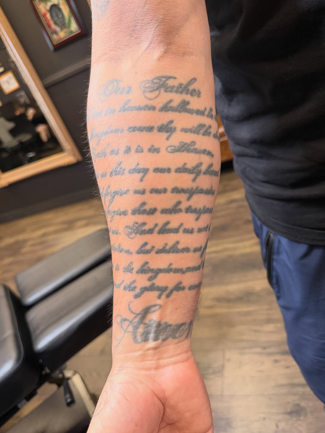Tattoo by @inkbymason — lettering_script, black_and_grey