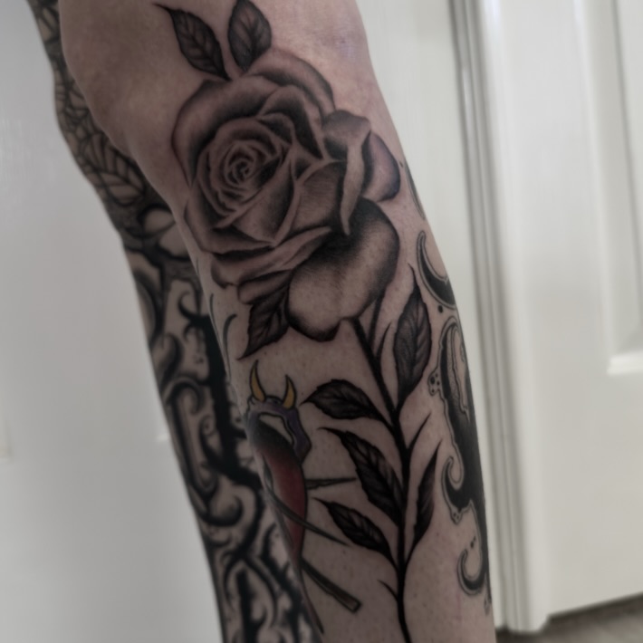 Rose and bird realism tattoo on the forearm by ⚔️Andreas Dolleschal⚔️