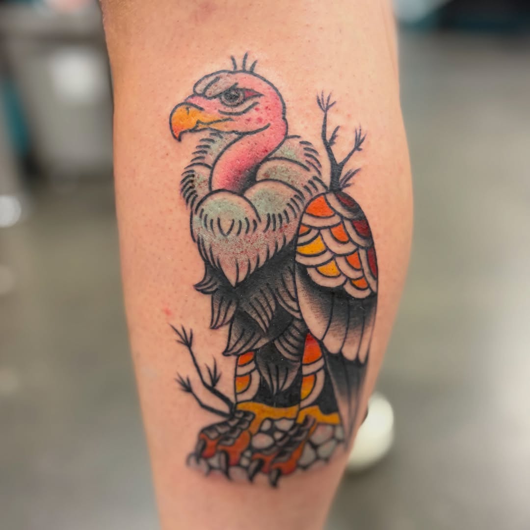 Vulture American traditional tattoo on the forearm by Ashley Camp