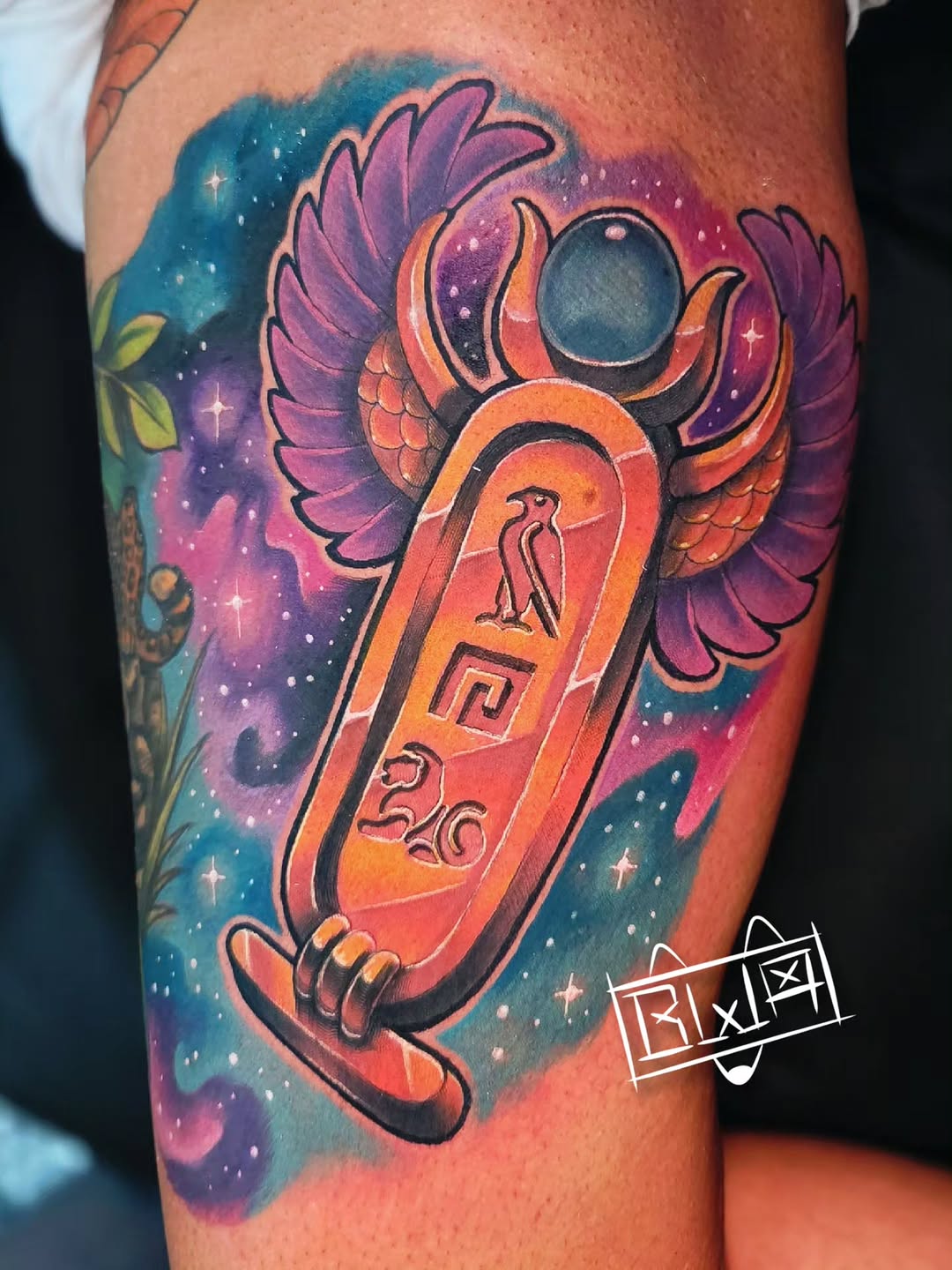 Egyptian scarab cartouche with wings tattoo on the forearm by ๐๐๐๐