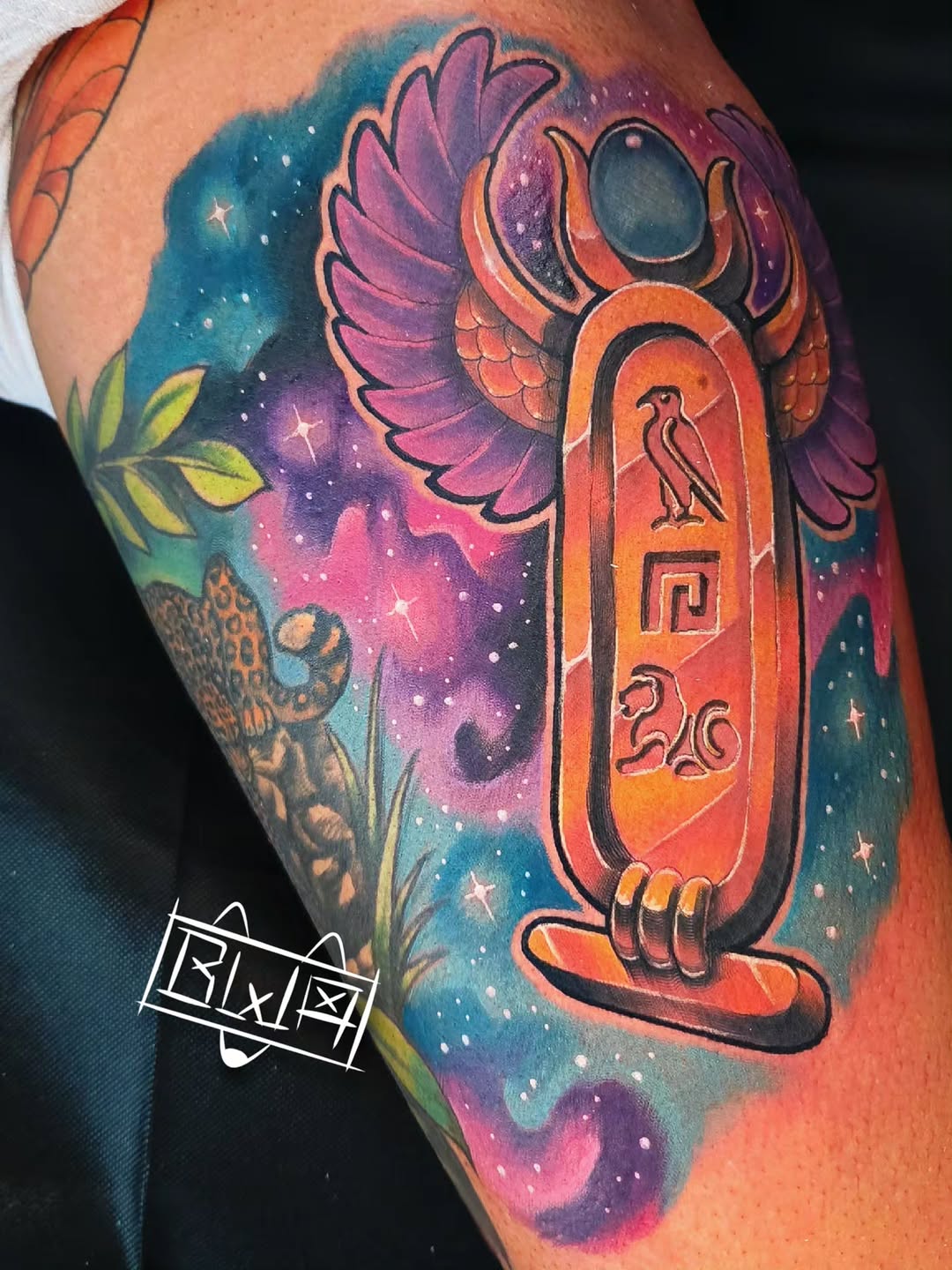 Egyptian scarab cartouche with galaxy background tattoo on the thigh by ๐๐๐๐