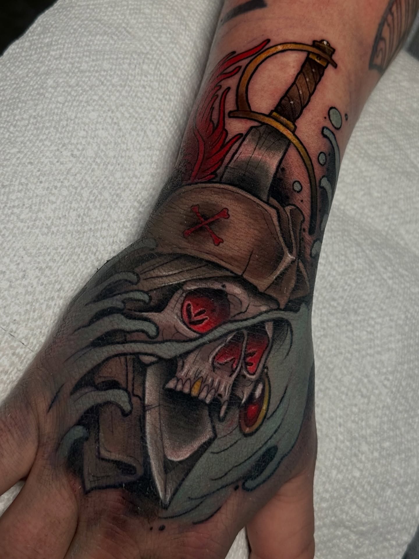 Skull with crossbow American traditional tattoo on the forearm by 𝐀𝐮𝐬𝐭𝐢𝐧 𝐌𝐨𝐫𝐫𝐢𝐬𝐨𝐧 𝐓𝐚𝐭𝐭𝐨𝐨𝐬