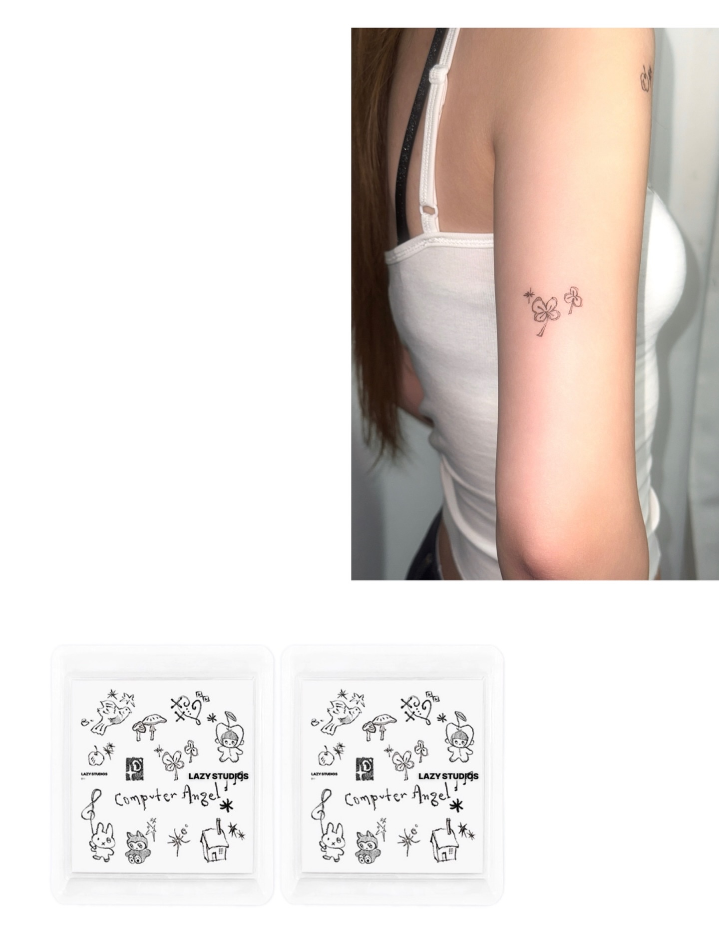 Butterfly and clover dotwork tattoo on the forearm by 공일일