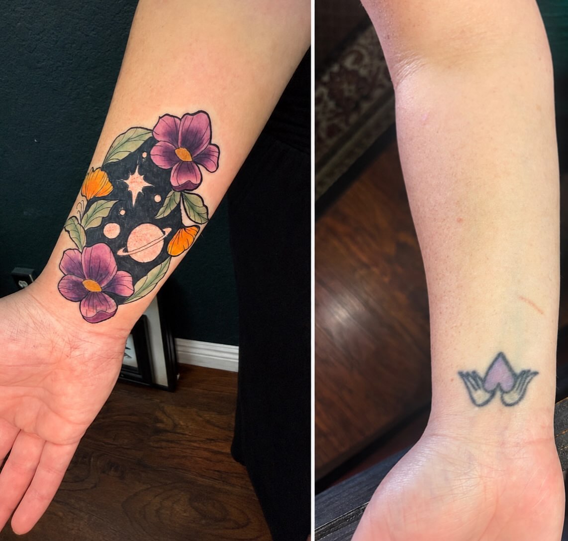 Space flowers dotwork tattoo on the forearm by Emma ๐