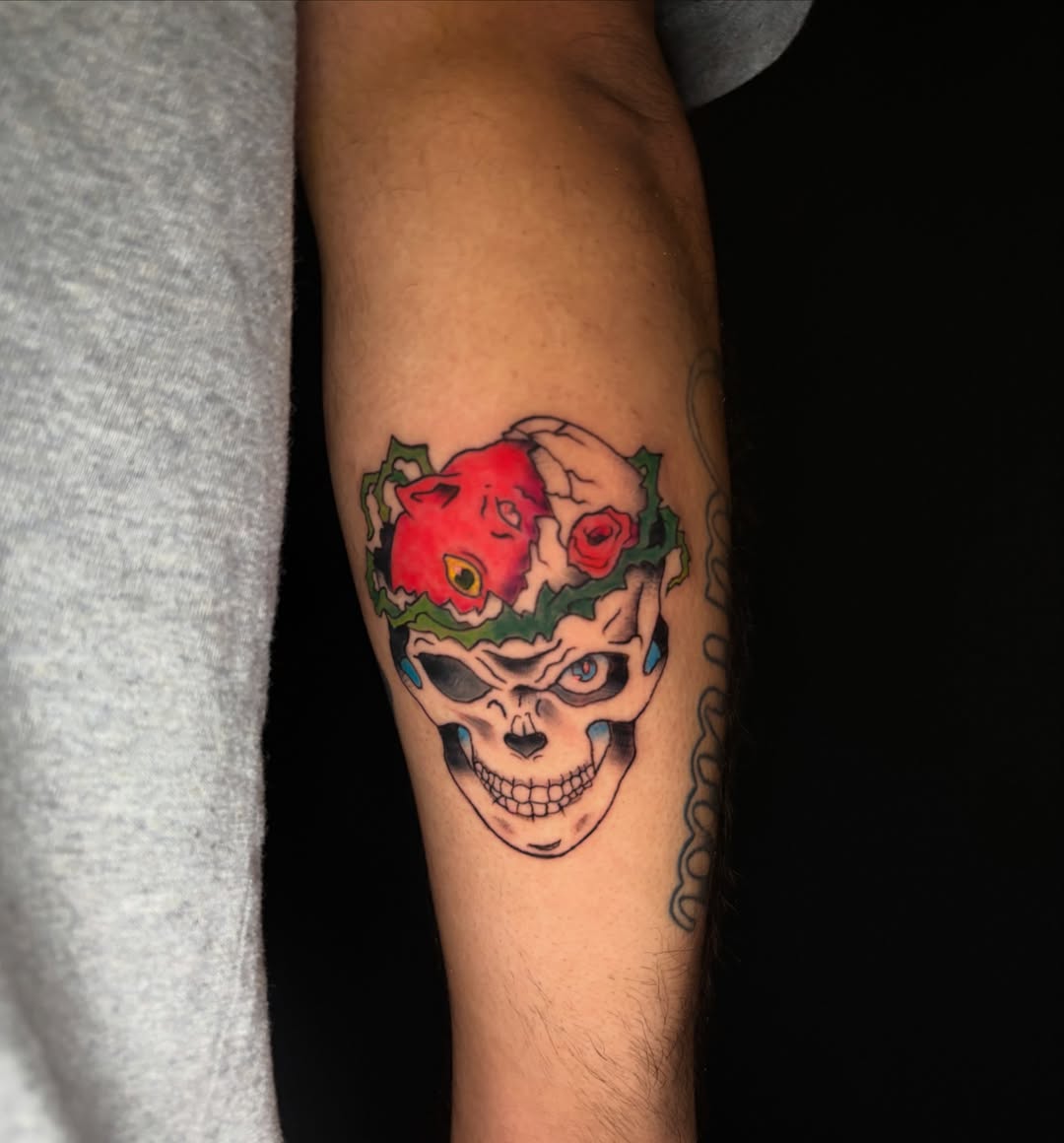 Sugar skull American traditional tattoo on the forearm by ๐ฎ๐๐๐๐๐๐ ๐ฝ๐๐ โ