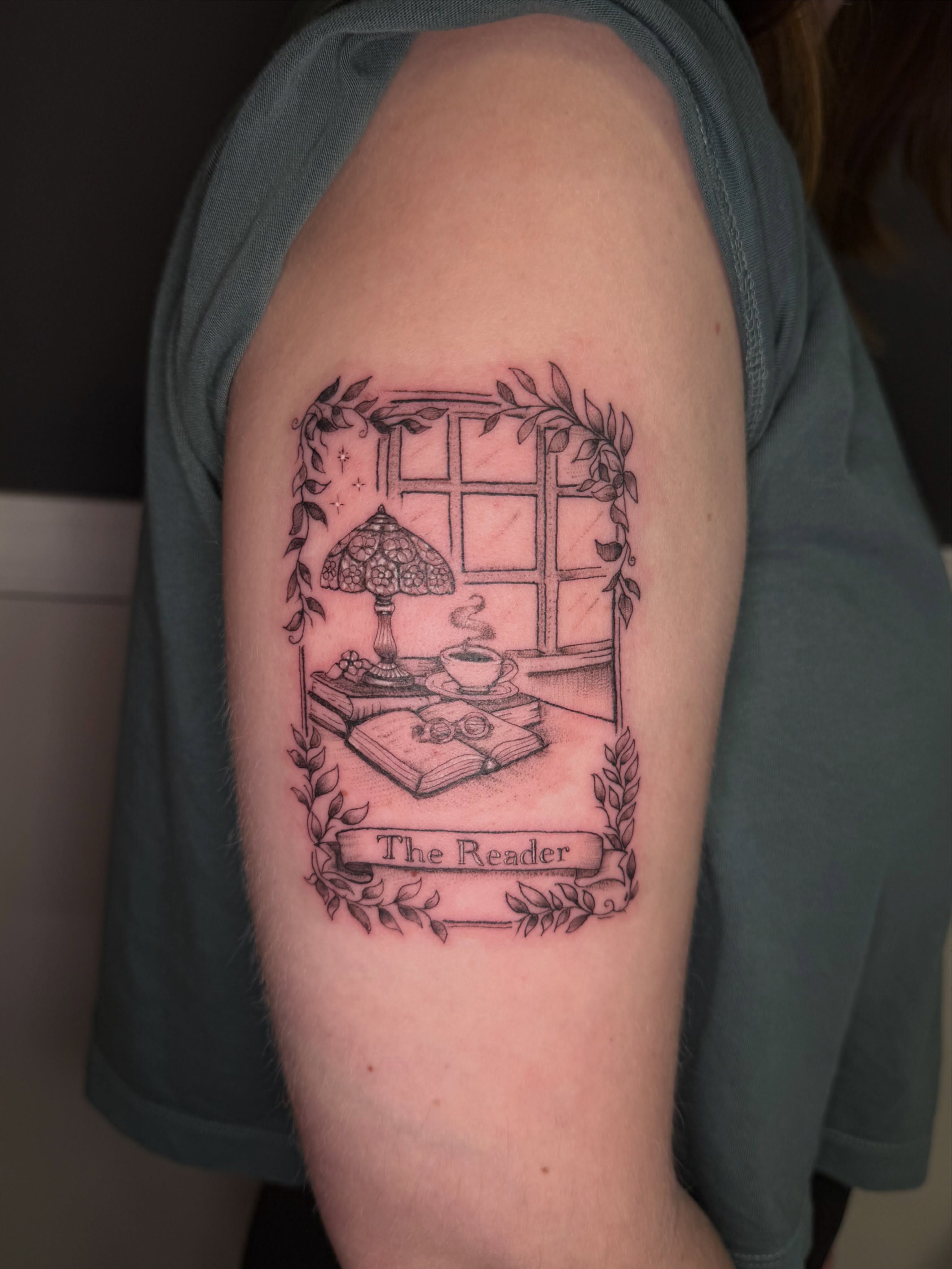 Window scene black and grey tattoo on the forearm by Rachel Hanke