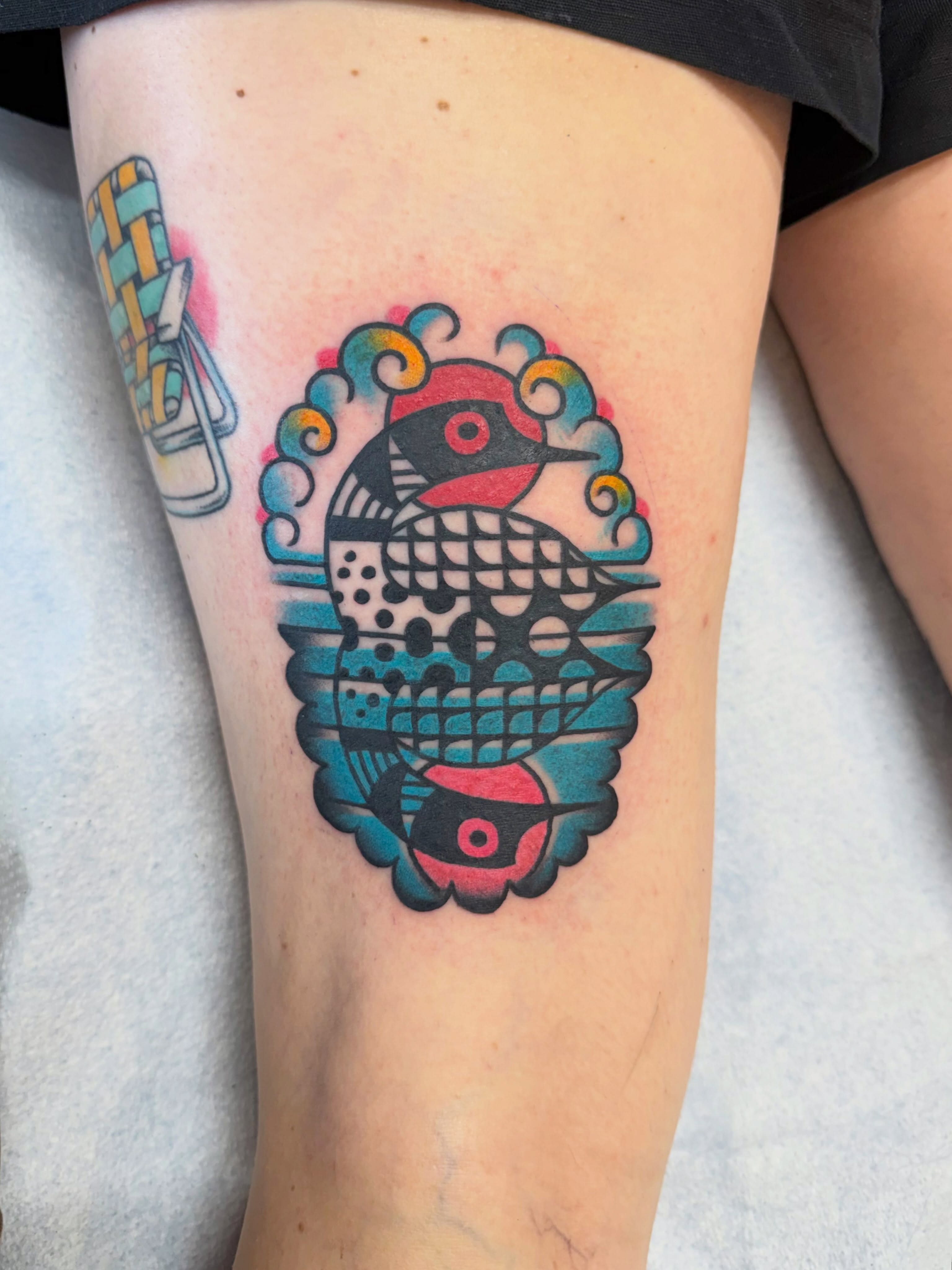 Bird American traditional tattoo on the thigh by Matt Paw