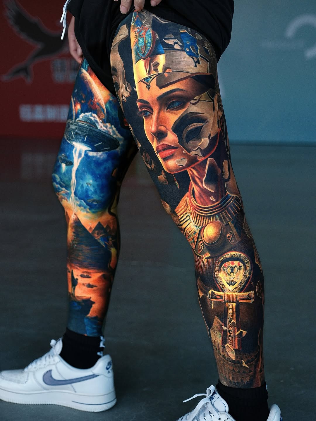 Egyptian portrait and ankh surrealism tattoo on the leg by Bình Nguyễn
