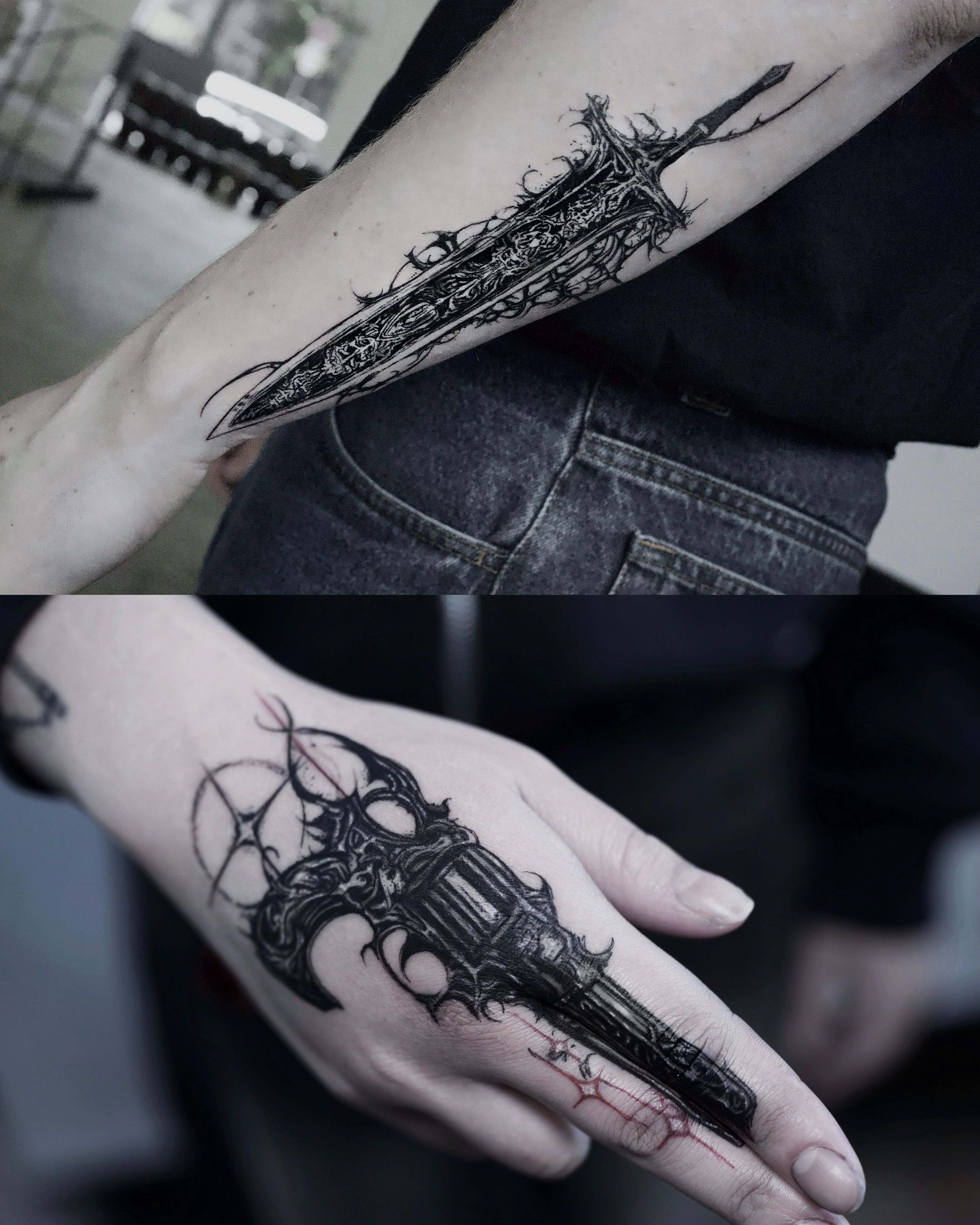 Ornate sword and gun cyber sigilism tattoo on the forearm by Gun