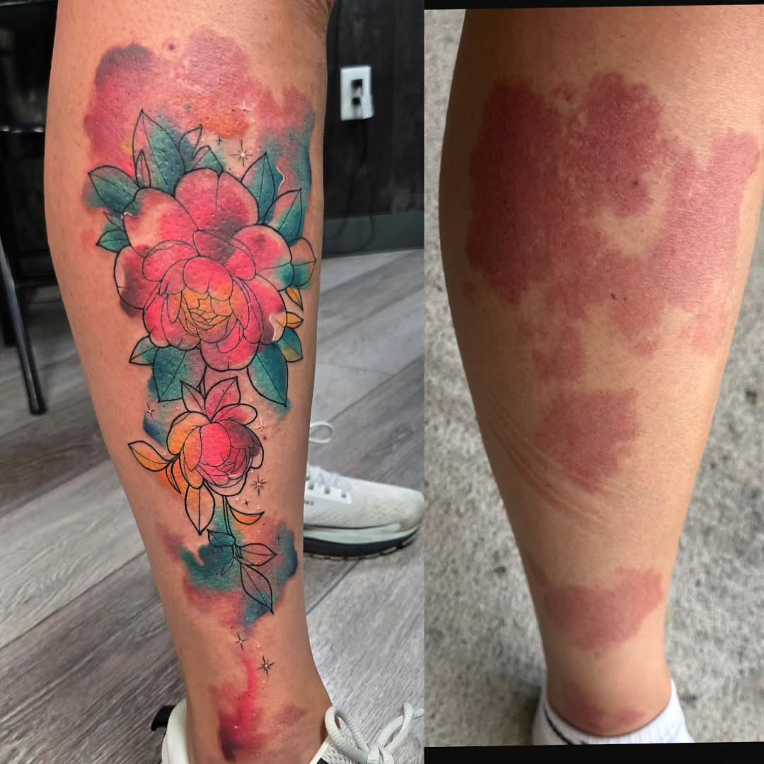 Watercolor floral bouquet watercolor tattoo on the calf by Britty Love, Nashville, Tennessee