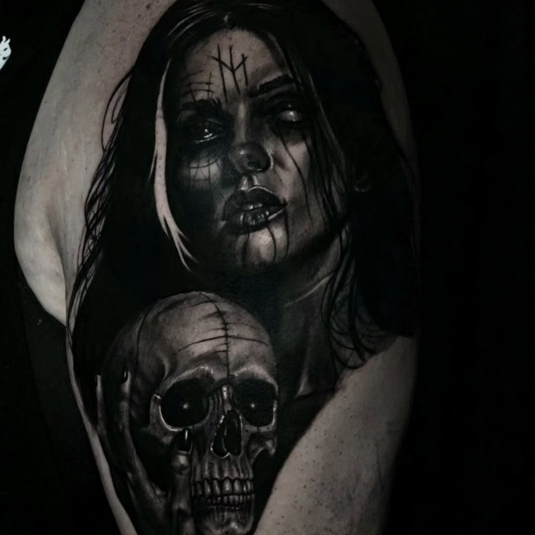 Tattoo by @dredd_tattoos — dark_realism, black_and_grey