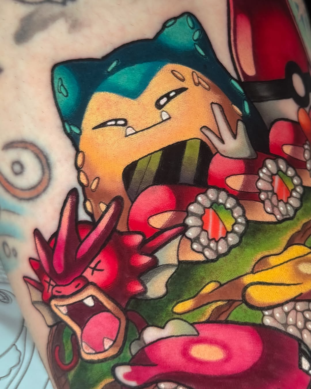 Pokemon characters with sushi new school tattoo on the upper arm by 𝔐𝔞𝔯𝔰 ✨