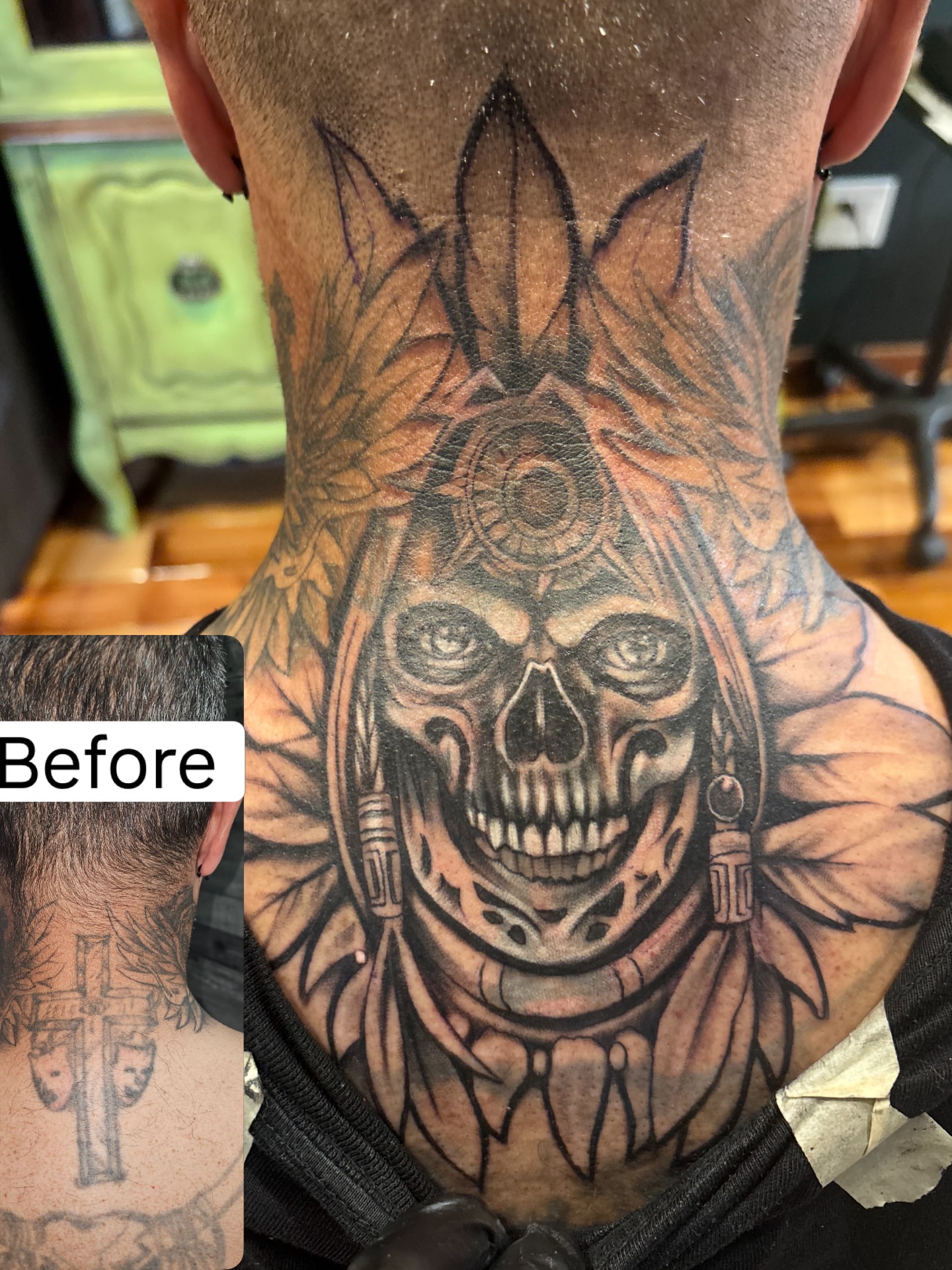 Skull wearing headdress American traditional tattoo on the neck by Komfort Kristy