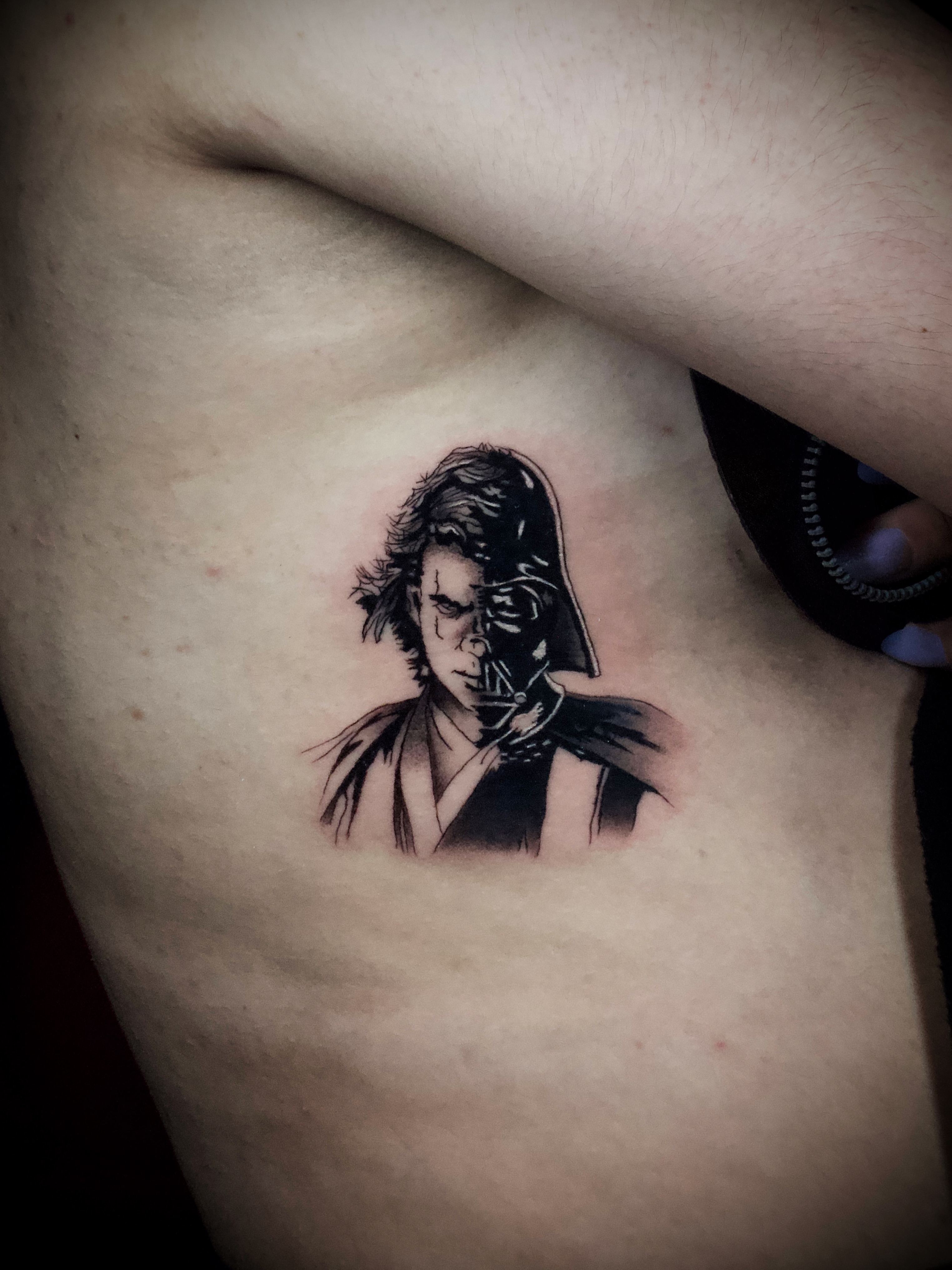 Dueling figures realism tattoo on the chest by Kanya, Alhambra, California