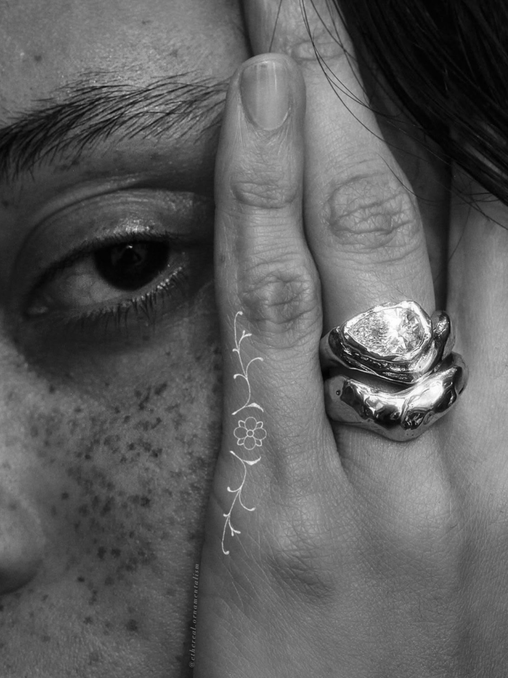 Flower vine black and grey tattoo on the hand by @ethereal.ornamentalism