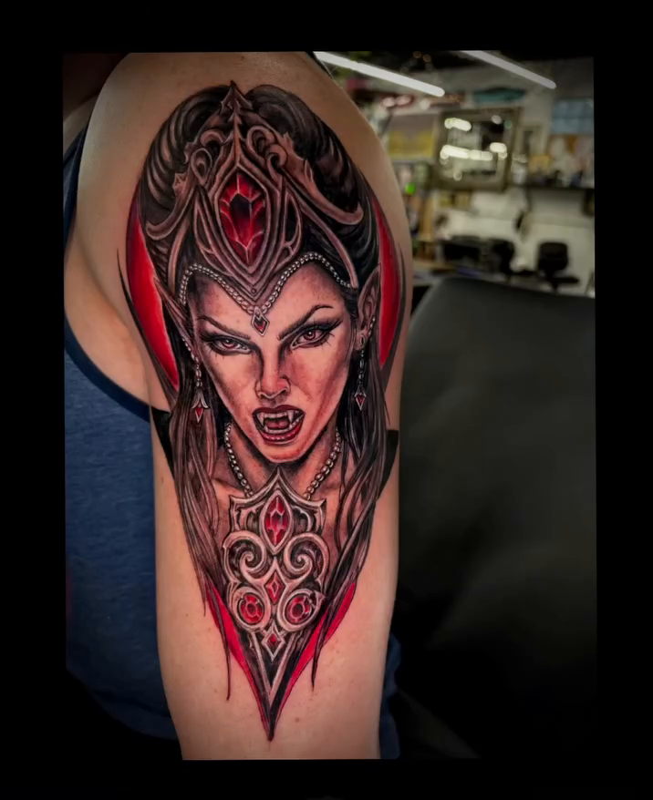 Vampire queen portrait realism tattoo on the shoulder by Caitlin Curtis Tattoos & Booking, Dayton, Ohio