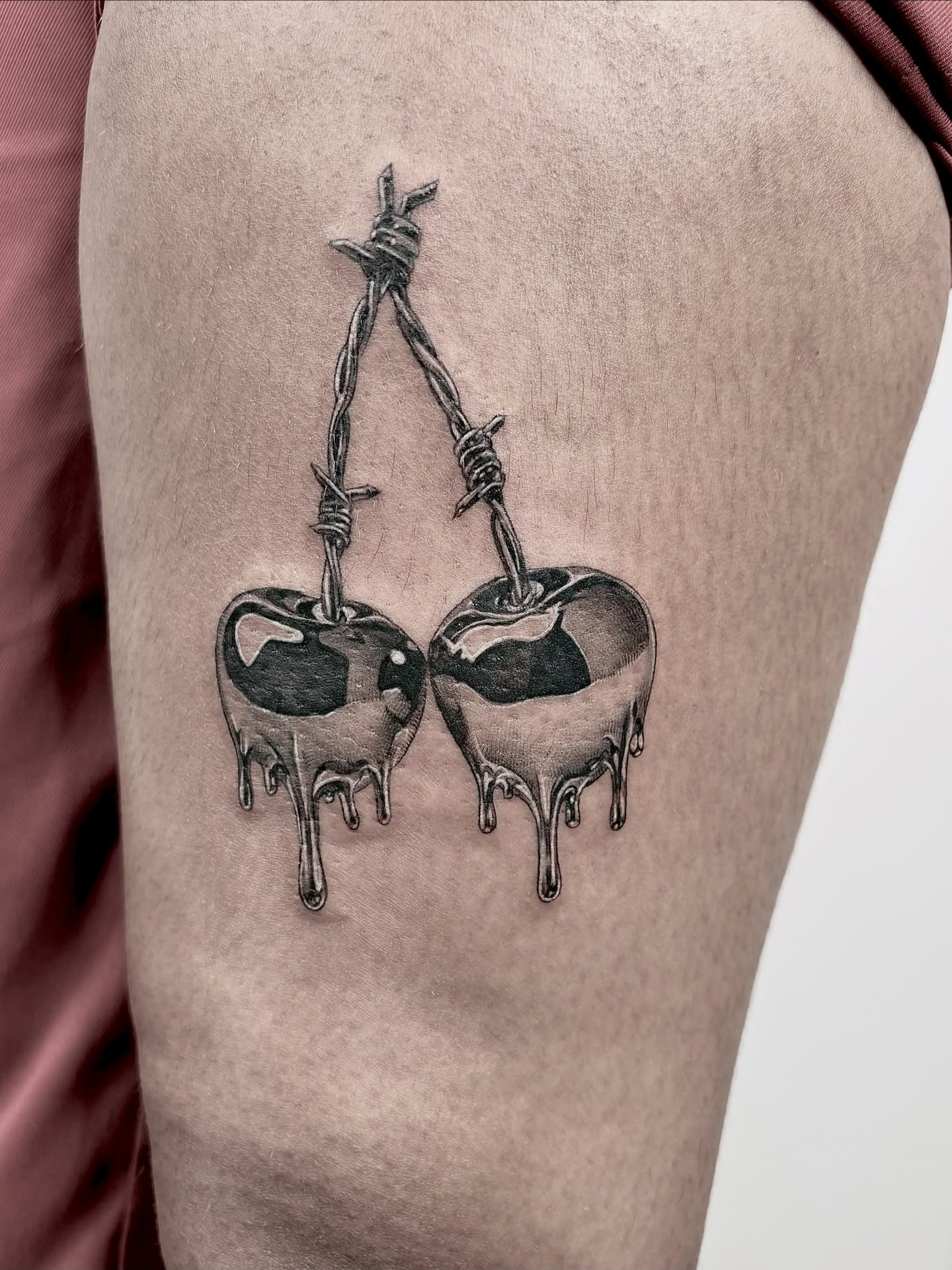 Barbed wire and dripping hearts realism tattoo on the thigh by <3 eve’s tattoos <3