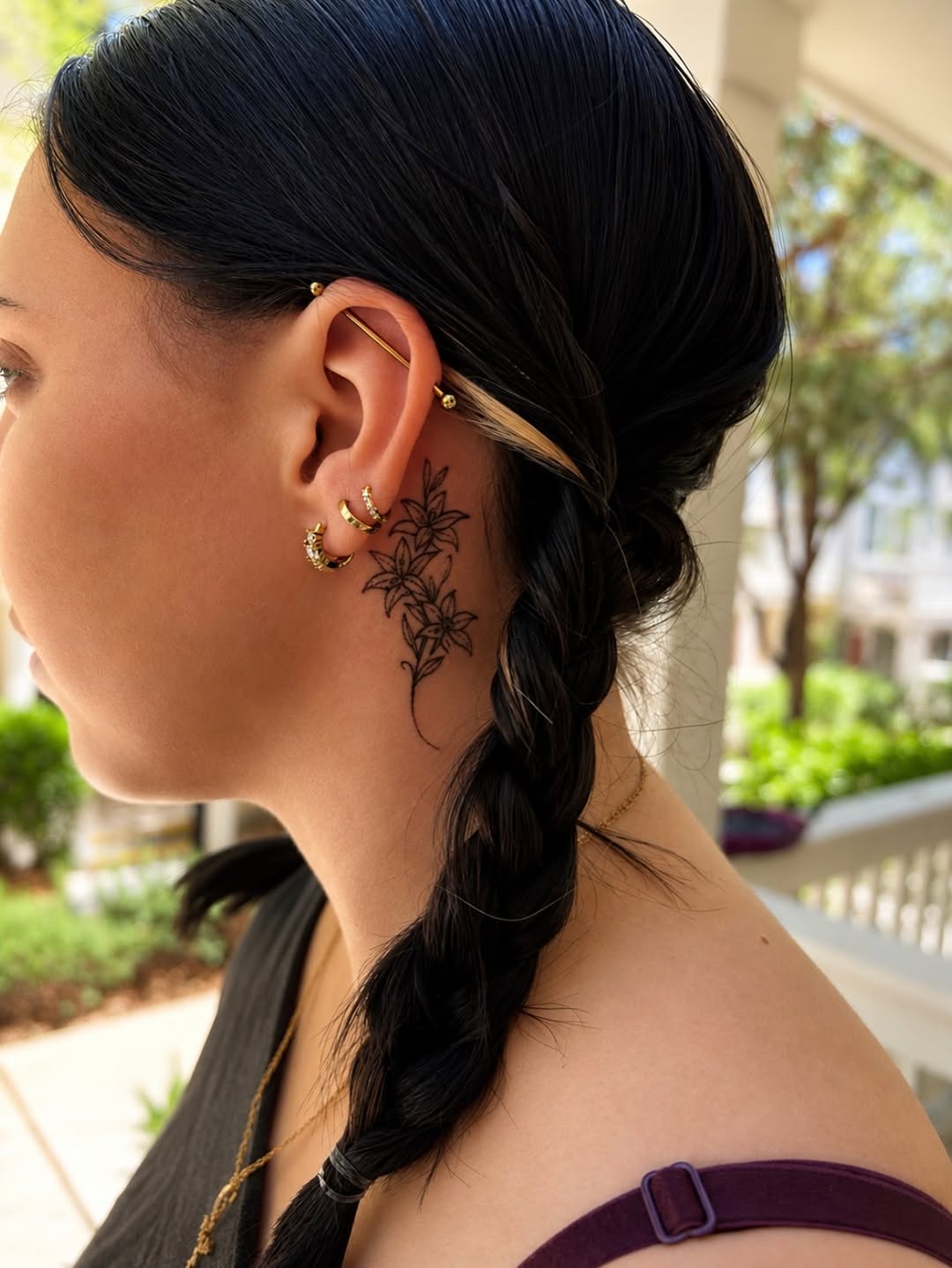 Floral design fine line tattoo on the shoulder by Cece, Las Vegas, Nevada