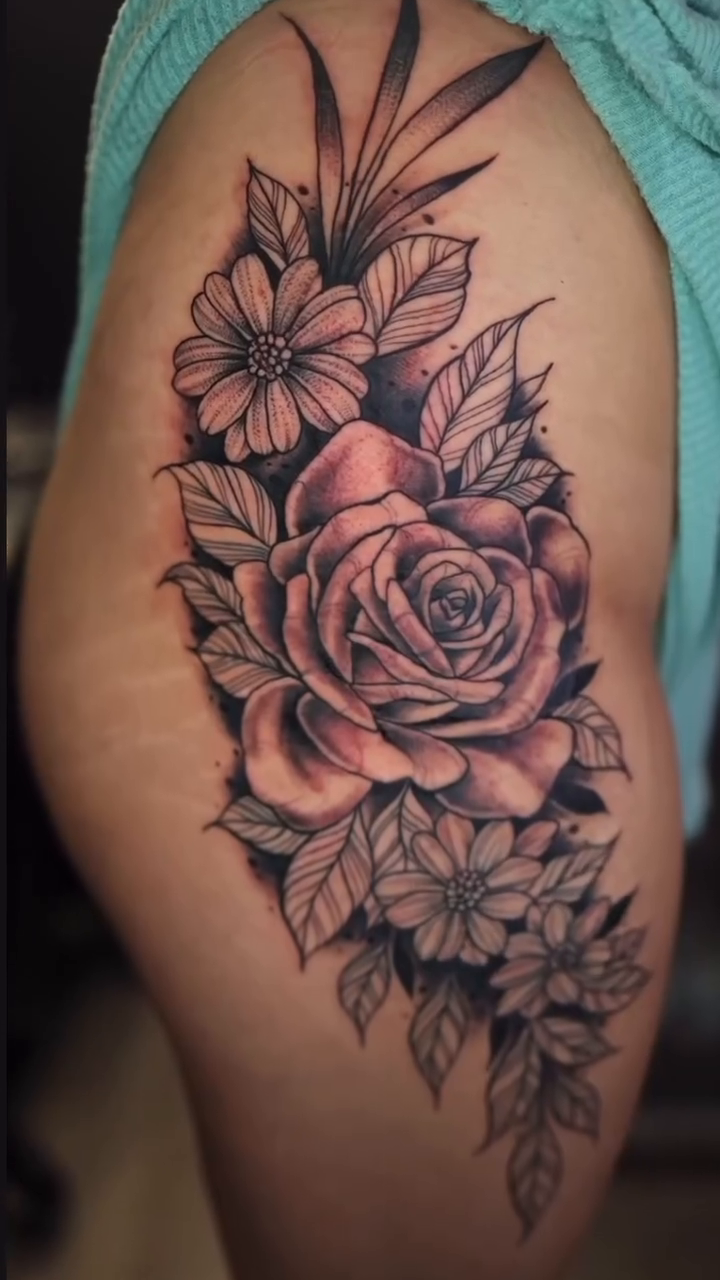 Rose and floral arrangement dotwork tattoo on the shoulder by Greg Romero (el chamo), Millcreek, Utah