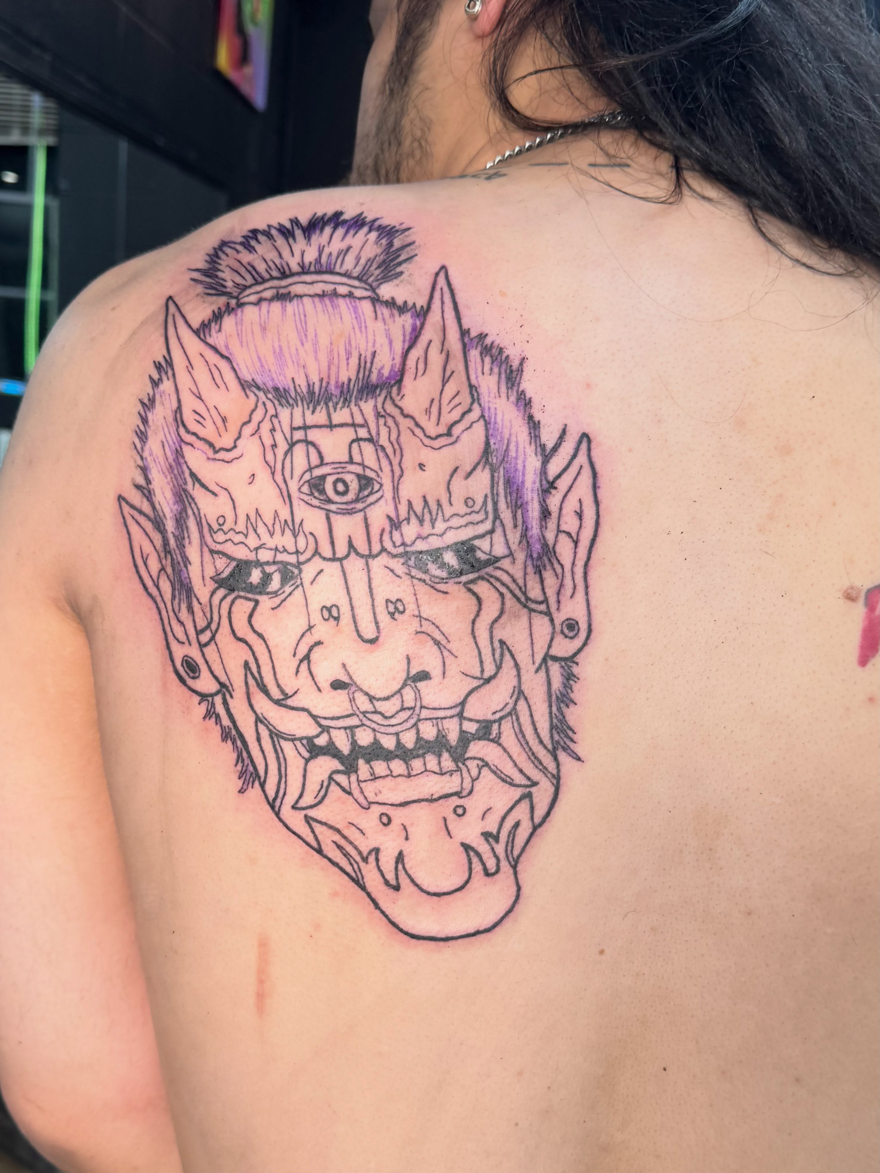 Demon mask American traditional tattoo on the back by Charlotte Tattoo Artist💉