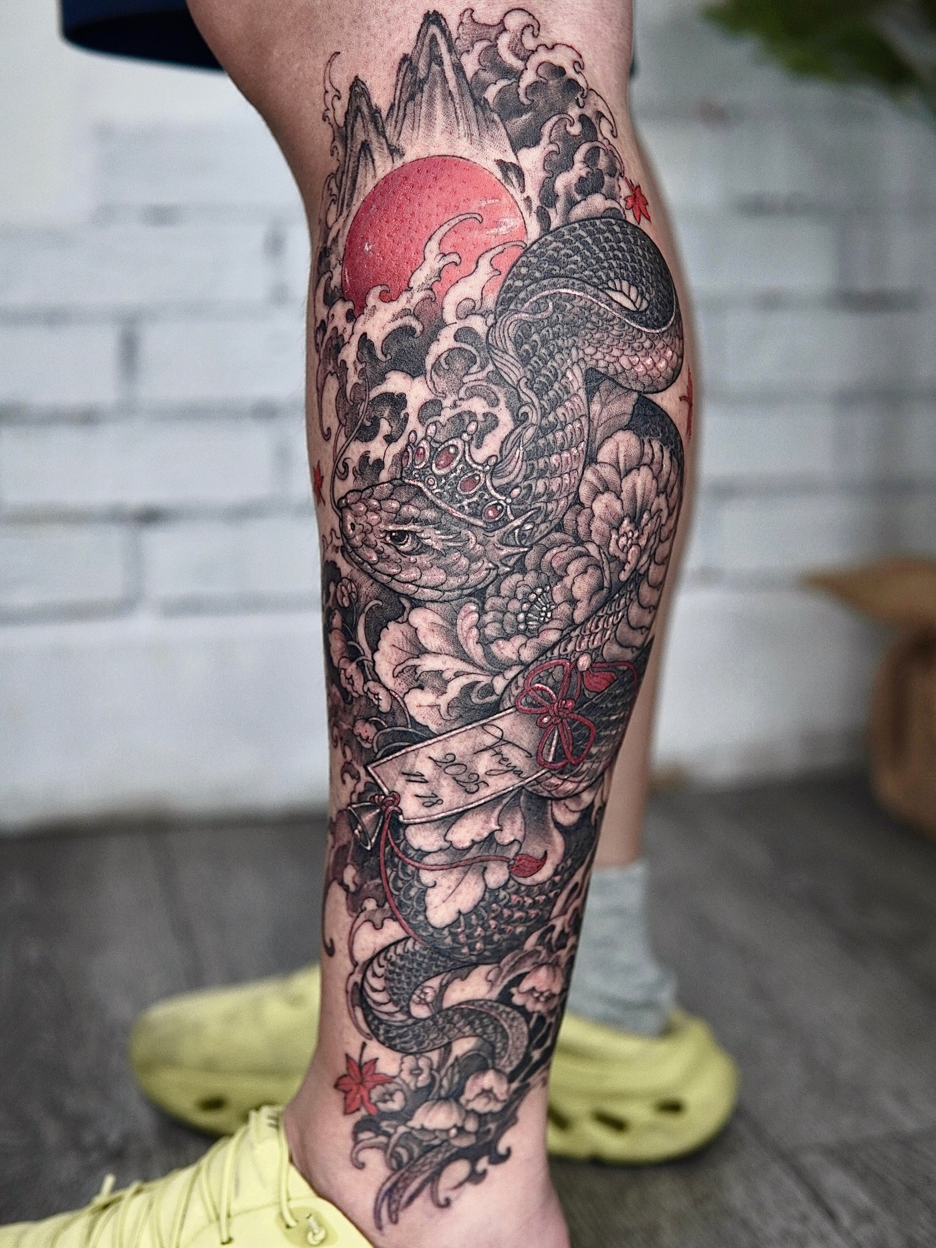Dragon and floral japanese irezumi tattoo on the calf by ๐๐๐๐ ๐๐๐๐๐๐ ๐๐๐๐๐